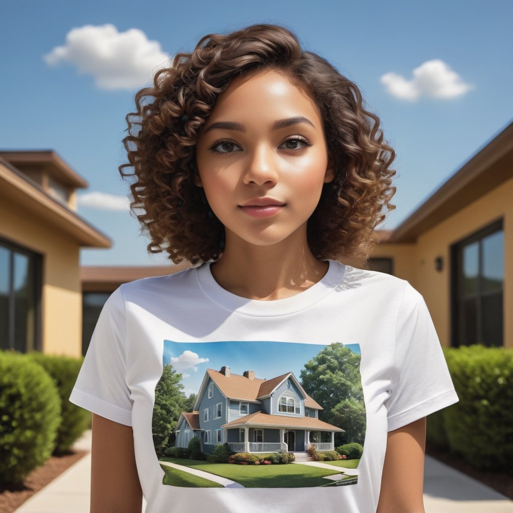 Real estate photography style with a girl - professional, inviting, well-lit, high-resolution, property-focused, commercial, highly detailed.
,tshirt design