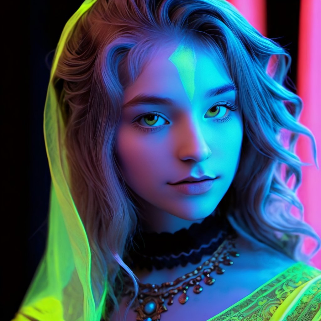 Renaissance style with a girl - realistic, perspective, light and shadow, religious or mythological themes, highly detailed.
,3d toon style,blacklight makeup,DonML1quidG0ldXL ,neon photography style,Niji Slime,DonMF43XL