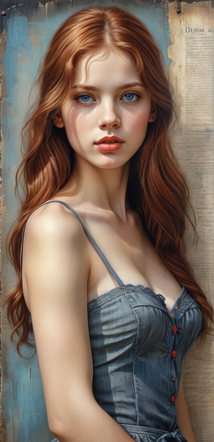 a girl holds with big an inscription, clear large distinguishable words,ultra realistic HD portrait, on the sign it says  "lisa"  / Hyperrealistic sexy Girl Portrait,full body,red long hair,ultra detail blue eyes,face,perfect body**: An extremely high-resolution hyperrealistic portrait of a girl, pushing the boundaries of realism with fine textures and lifelike details.
,vintagepaper,text as ""