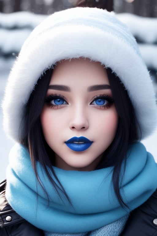 latina female outside in winter, blue lipstick, blue eyes, age 23, pleasant face, Analogous color scheme, ultradetailed, 8k resolution, perfect, smooth, high quality