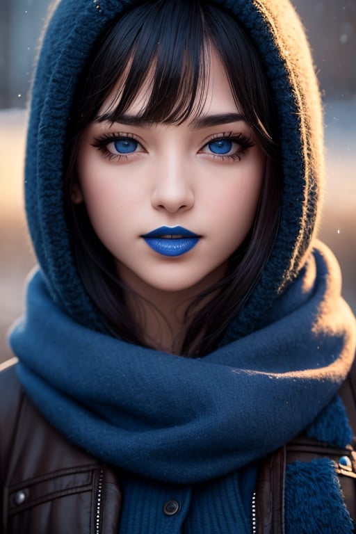 latina female outside in winter, blue lipstick, blue eyes, age 23, pleasant face, Analogous color scheme, ultradetailed, 8k resolution, perfect, smooth, high quality