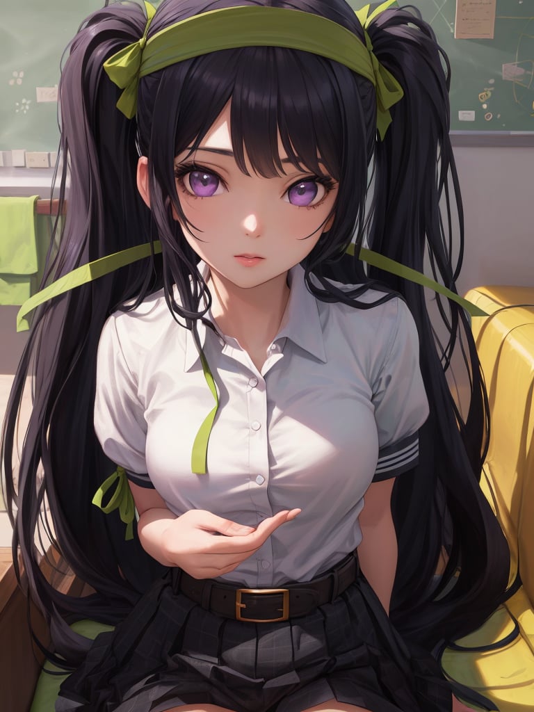 masterpiece, (Full body portrait), (Full draw body), best quality, high resolution, ultra-detailed, illustration, 8K-Illustration, Hyper Detailed, (Black hair with purple hue) 1girl, (Pretty face draw), (Gray and black checked school skirt)(Orange belt at the waist), (white school shirt with green polka dots), (green ribbon in hair), (Purple eyes), looking at viewer, photorealistic, realistic, view from side, perfect anime illustration