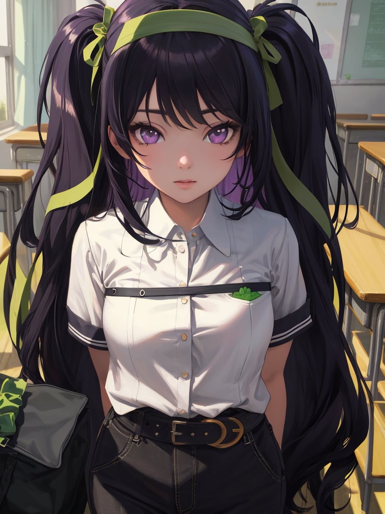 masterpiece, (Full body portrait), (Full draw body), best quality, high resolution, ultra-detailed, illustration, 8K-Illustration, Hyper Detailed, (Black hair with purple hue) 1girl, (Pretty face draw), (Gray and black checked school skirt)(Orange belt at the waist), (white school shirt with green polka dots), (green ribbon in hair), (Purple eyes), looking at viewer, photorealistic, realistic, view from side, perfect anime illustration