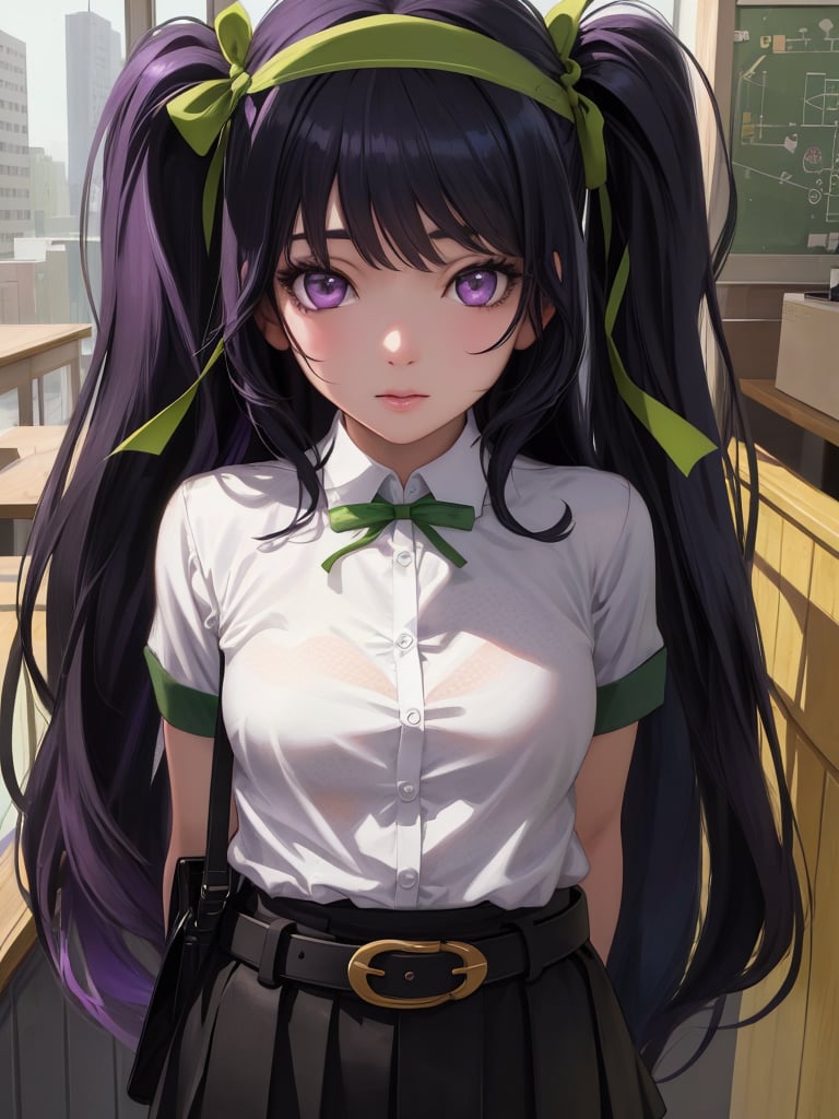 masterpiece, (Full body portrait), (Full draw body), best quality, high resolution, ultra-detailed, illustration, 8K-Illustration, Hyper Detailed, (Black hair with purple hue) 1girl, (Pretty face draw), (Gray and black checked school skirt)(Orange belt at the waist), (white school shirt with green polka dots), (green ribbon in hair), (Purple eyes), looking at viewer, photorealistic, realistic, view from side, perfect anime illustration