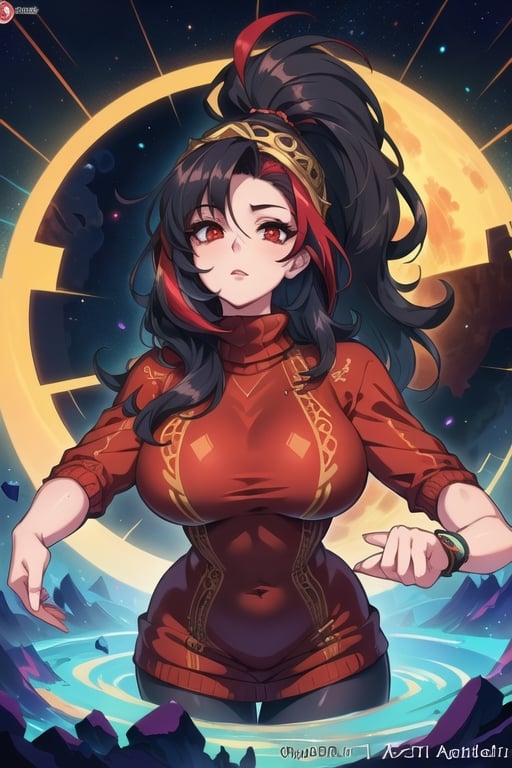 (best quality, masterpiece, colorful, dynamic angle, highest detailed)upper body photo, ((full body)), ((black hair)), ((black hair with fringe of hair Red streak in front)), (looking at viewer:1.2), (Red eyes), (detailed hands draw:1.4), (girl:1.5), Curled hair, (curvy), narrow waist, (real skin, oiled Skin, pale skin), (Red sweatshirt with a black logo in the center:1.3), (female body, narrow waist), (red hair accessory) (intricate details, hyperdetailed:1.15), detailed, moonlight passing through hair, (official art, extreme detailed, highest detailed),fantasy00d