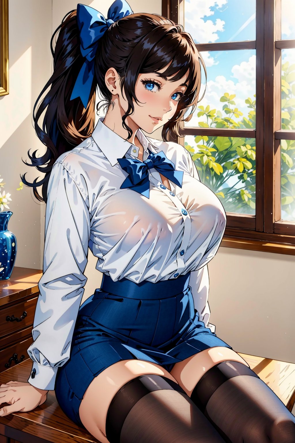 highres, best quality:1.2), intricate details, vibrant image, sharpness, colorful, SaekiSayoko, solo, 1girl, mature female, milf, full body shot, side view, sitting on chair, legs on table, smirking, smile, indoors, room, window, sunny weather, tree, complex background, brown hair, long hair, hair bow, hair ribbon, ponytail, makeup, blue eyes, perfect eyes, perfect face, detailed face, blue suit, blue pencil skirt, thighhighs, high heels, curvy, large breast