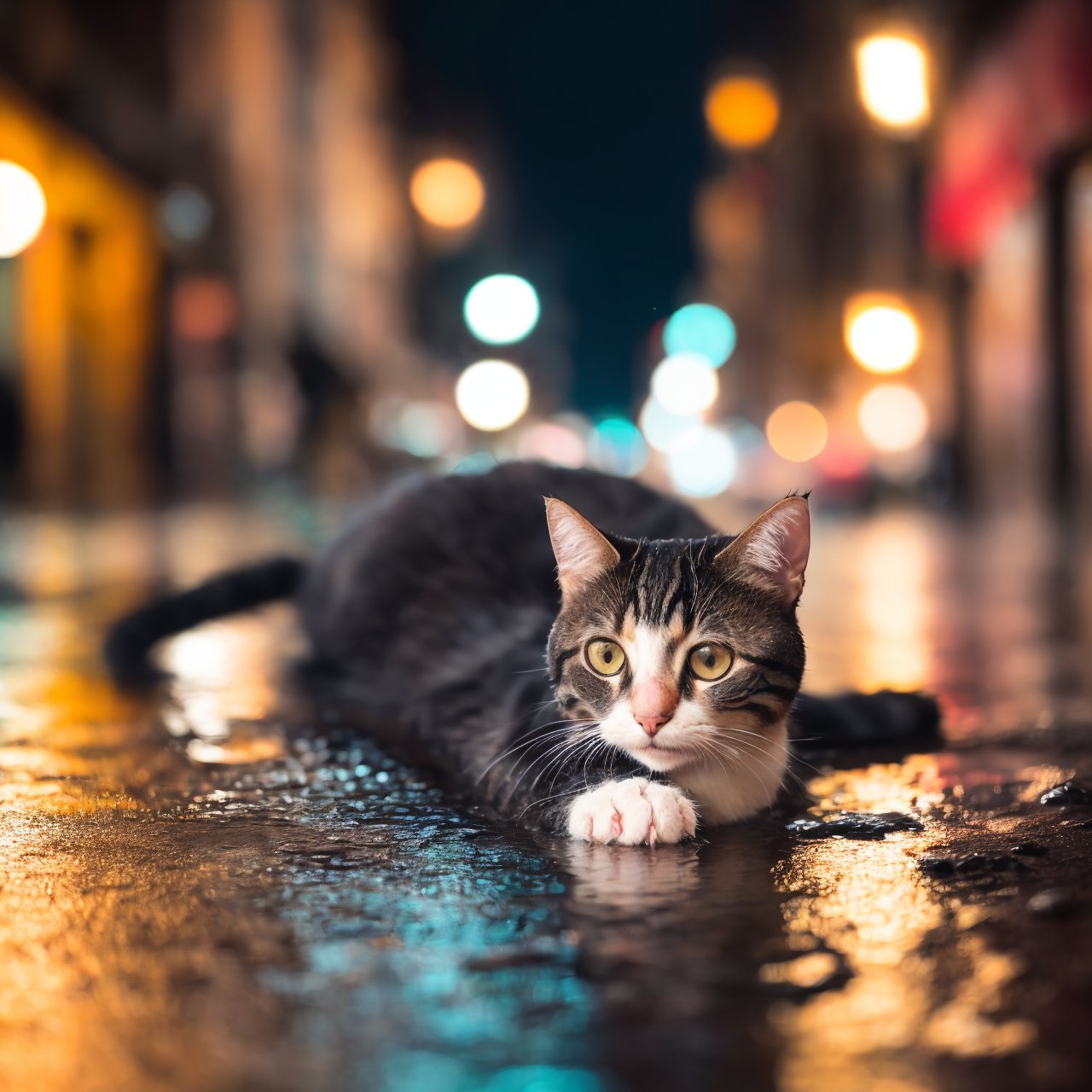 (a close up:1.2) of a WET PUSSY cat  laying on the ground,( rainy streets in the background:1.2),ultra detailed fur,(night:1.2),(depth of field:1.1),night town,cinematic shot,emphasis lines,explosion,motion blur,night,no humans,,outdoors,(rain:1.2),realistic,sky,water,(wet:1.2),8k uhd,dslr,soft lighting,high quality,(film grain:1.2),(Fujifilm XT3:1.2),teal and orange,(national geographic:1.2),award winning,close up beatiful eyes
