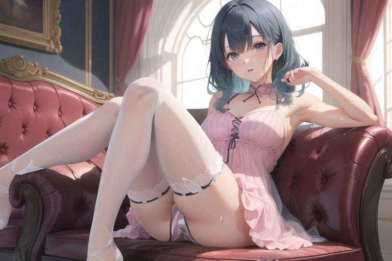 blue-haired girl, pink dress, legs half open, striped stockings sticking out, sitting on a sofa, in an elegant room, defined hands, hair with wet tones, defined eyes, masterpiece,