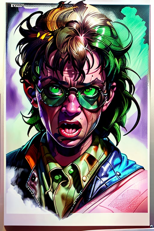 Portrait of a crazy psycho bald man with open mouth turning his head and looking at the viewer over his shoulder, intense green eyes, aviator glasses, lunatic, hdr, drew struzan art style, masterpiece, movie poster, hyperrealistic, (skin imperfections:1.2), (RAW photo, best quality), (realistic, photo-realistic:1.3)