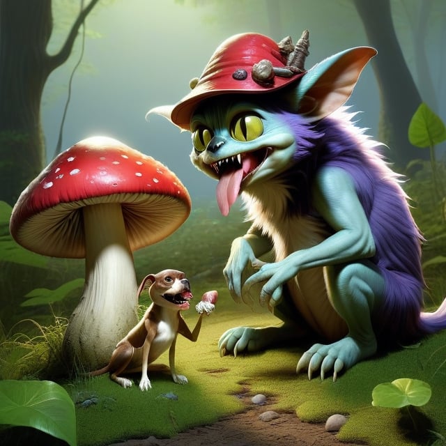 Weird dog monster talking with a mushroom goblin