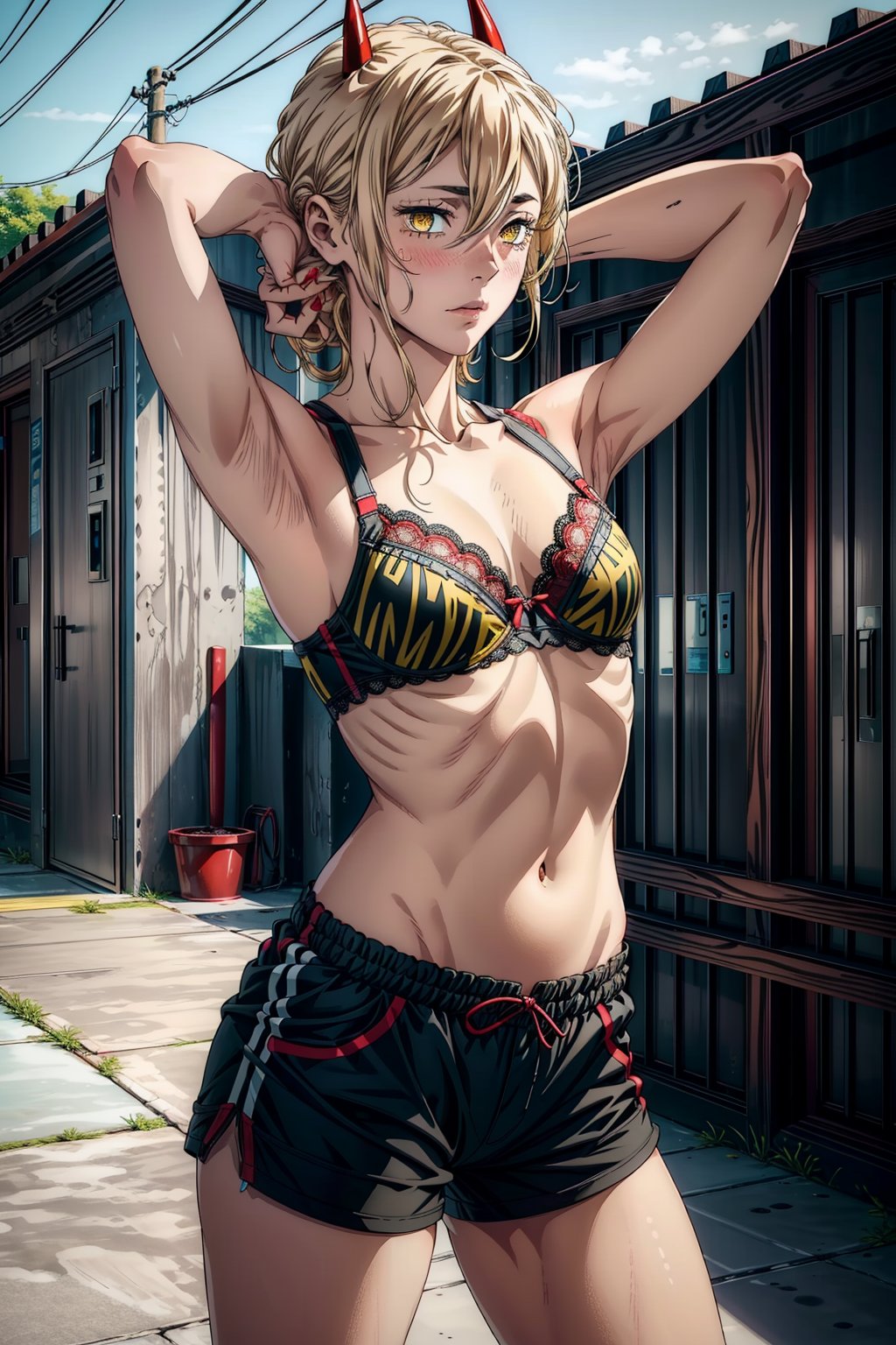 1girl, adult female, blonde hair, blush, yellow eyes, small red horns, black bra with lace, good hands, black tight shorts, (hands behind head:1.5), power_csm,power_csm