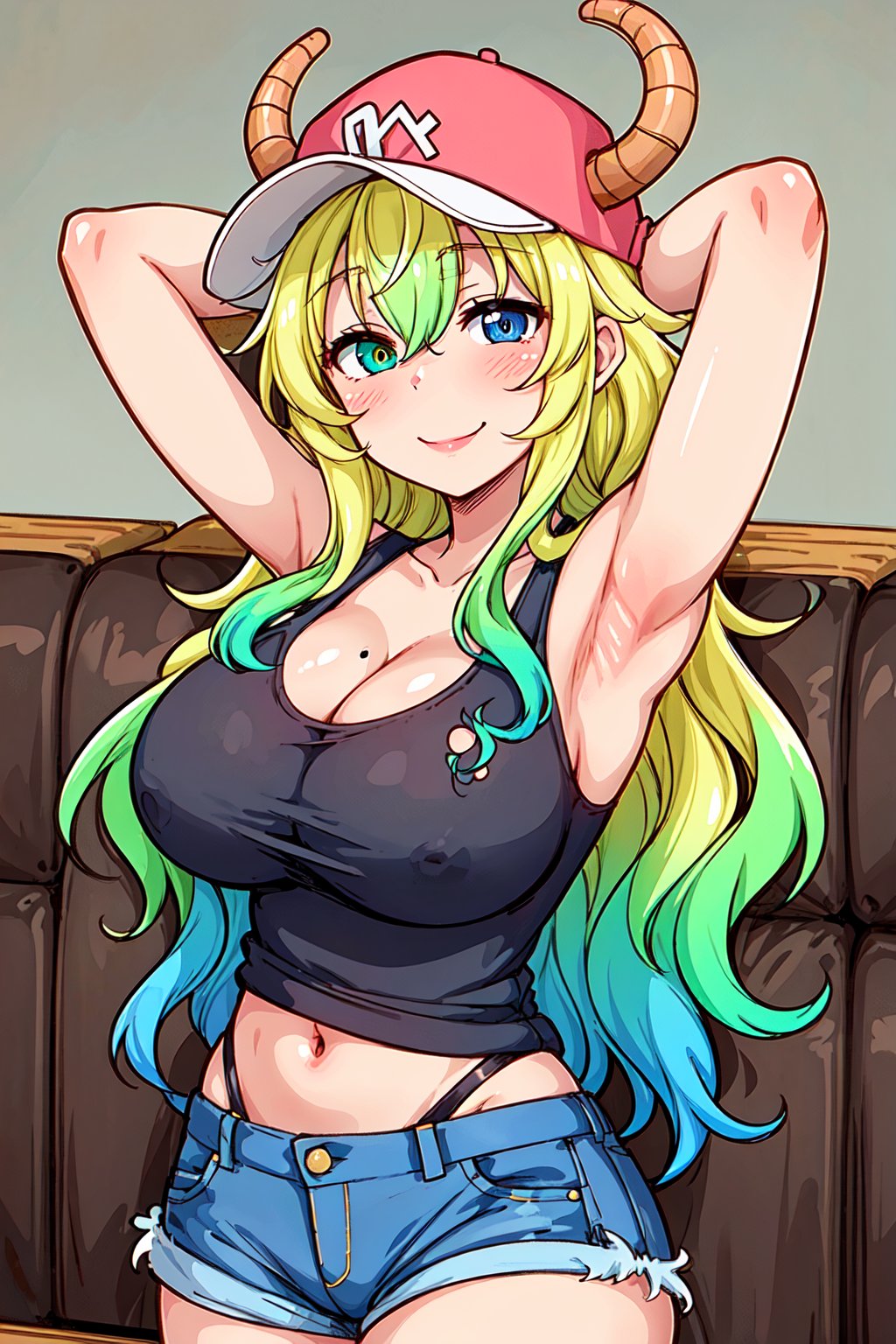 masterpiece, perfect eyes, 1girl, solo, smile, lucoa_quetzalcoatl, multicolored hair, (heterochromia:1.2), (blue eyes:1.1), dragon horns, dragon girl, big breasts, multicolored hair, blonde hair,hat, cleavage, denim shot, shorts, tank top, jeans, baseball cap, hands behind head, armpits