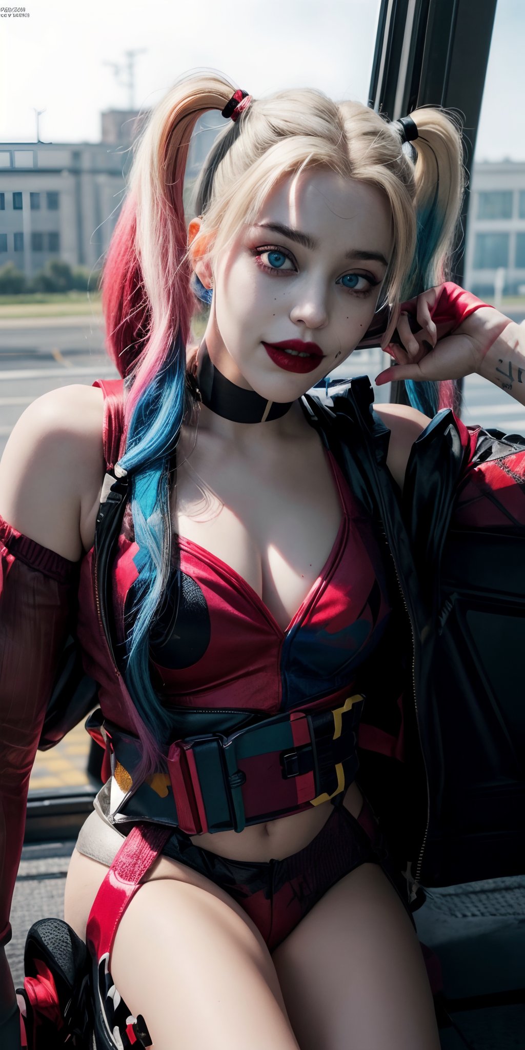 (8k, RAW photo, best quality, masterpiece:1.2), (photo realistic), (intricate details), (best quality), (high resolution), ((perfect eyes)), perfect face, perfect lighting, vivid colors, vivid colors, 1girl, harleyquinn, triangular cheek, full body, harleyquinn, harleyquinn, first plane, 