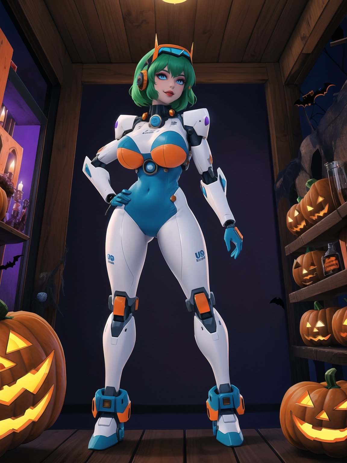 (woman_solo all-blue skin), wore all-white mecha suit, mecha suit with parts in red+lights, mecha suit with cybernetic armor, mecha suit with robotic parts, gigantic breasts, ((mecha suit covering the whole body)), wearing cybernetic helmet with visor, mohawk hair, green hair, messy hair, (looking directly at the viewer), she is in an ancient village,  with altars, wooden structures, pumpkins with slaps, candles illuminating the place, many signs with monster drawings, candy machines, (((halloween, Ultra Technological)), 16K, UHD, best possible quality, ultra detailed, best possible resolution, Unreal Engine 5, professional photography, she is, ((sensual pose with interaction and leaning on anything + object + on something + leaning against)) + perfect_thighs, perfect_legs,  perfect_feet, better_hands, ((full body)), More detail,