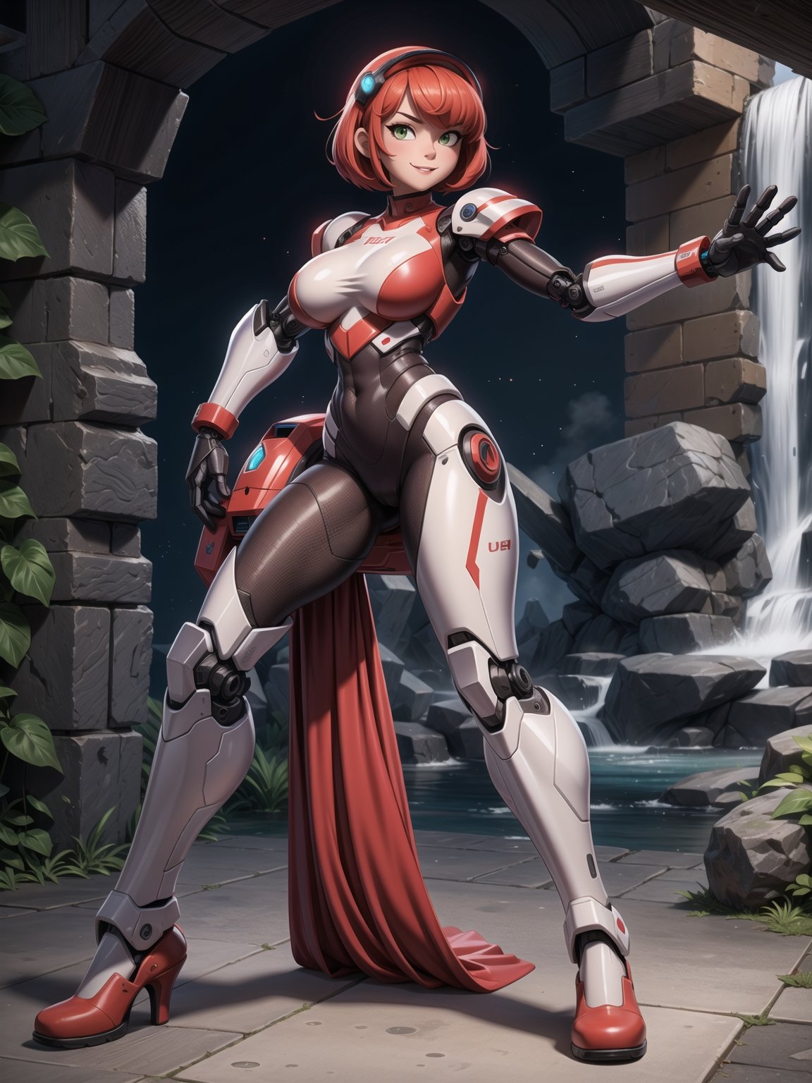 A woman, wearing mecha suit+cybernetic armor+futuristic suit, white suit with red parts, cybernetic helmet with colored visor, gigantic breasts, bright red hair, extremely short hair, hair with bangs in front of the eyes, (((looking at the viewer, sensual pose+Interacting+leaning on anything+object+leaning against))) in a dungeon with waterfall with many machines,  robots, structures, vehicles, ((full body)), 16K, UHD, unreal engine 5, quality max, max resolution, ultra-realistic, ultra-detailed, maximum sharpness, ((perfect_hands, perfect_legs)), Goodhands-beta2, super metroid, mecha, final fantasy, 