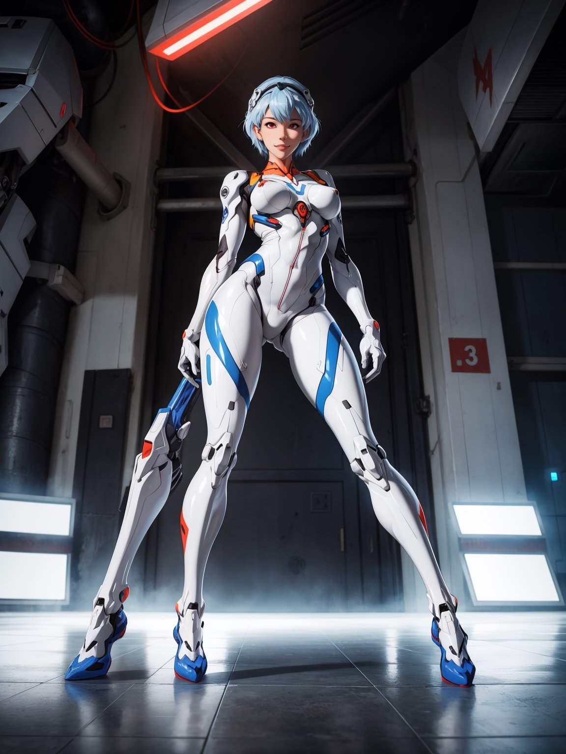 A woman, wearing mecha suit + mechanical suit, white suit with blue parts, gigantic breasts, light blue hair, short hair, straight hair, hair with bangs in front of the eyes, (lock helmet on the head), looking at the viewer, (((pose with interaction and leaning on [something|an object]))), in a giant robot hangar, with many vehicles, machines, gigane robots in the background, is daytime, ((full body):1.5), 16k, UHD, best possible quality, ultra detailed, best possible resolution, Unreal Engine 5, professional photography, well-detailed fingers, well-detailed hand, perfect_hands, ((rei_ayanami)) + ((neon_genesis_evangelion))