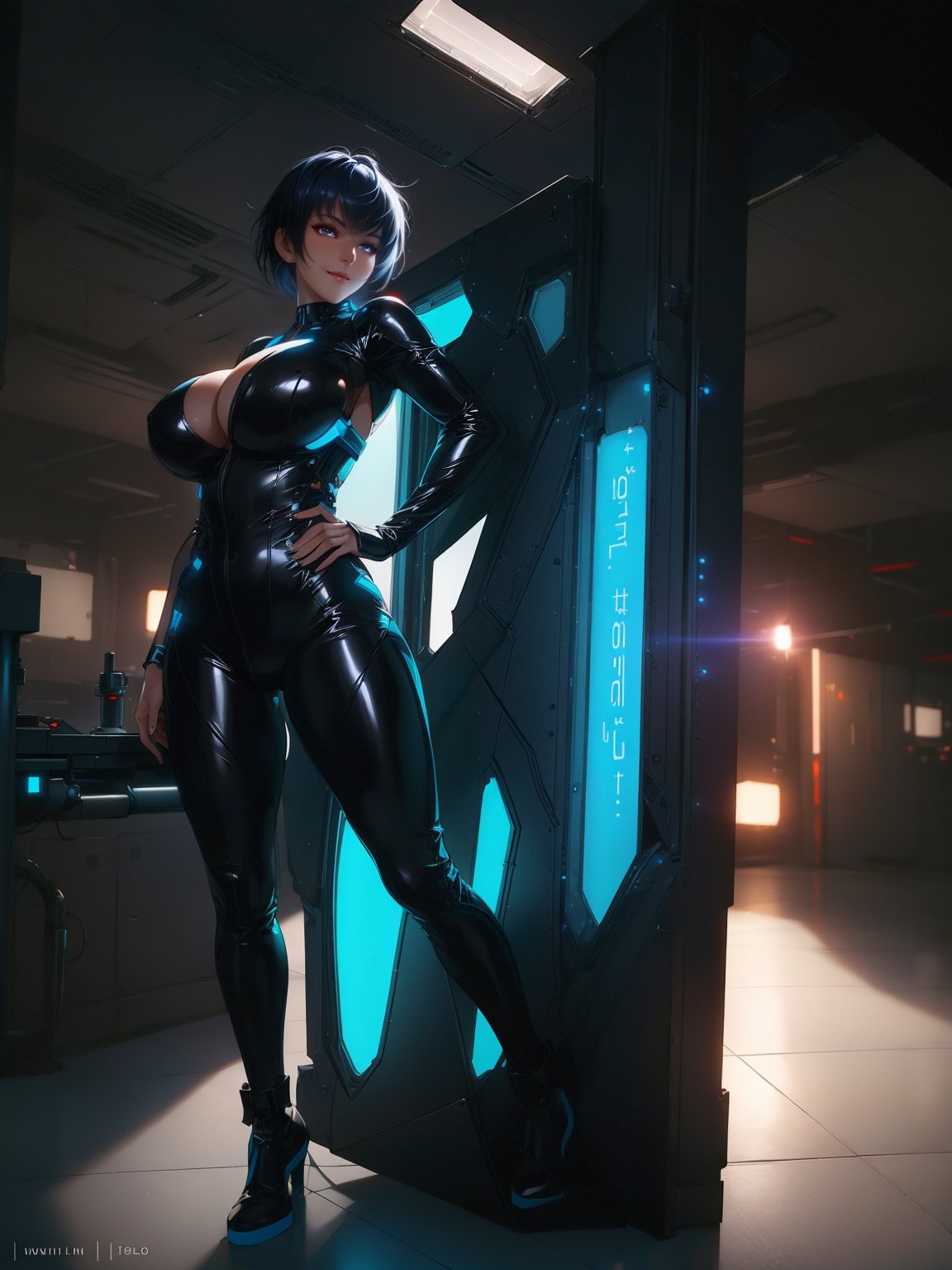 A woman, wearing white mech costume, black parts, extremely tight and tight on the body, gigantic breasts, very short blue hair, very messy hair, bangs in front of the eyes, ((((looking at the viewer, erotic pose interacting and leaning on an object)))), in a laboratory, machines, robots, tubes with lights, is daytime, city being shown through the window, ((full body):1.5). 16k, UHD, best possible quality, best possible detail, best possible resolution, ((Unreal Engine 5, professional photography, raw photo, masterpiece):1)