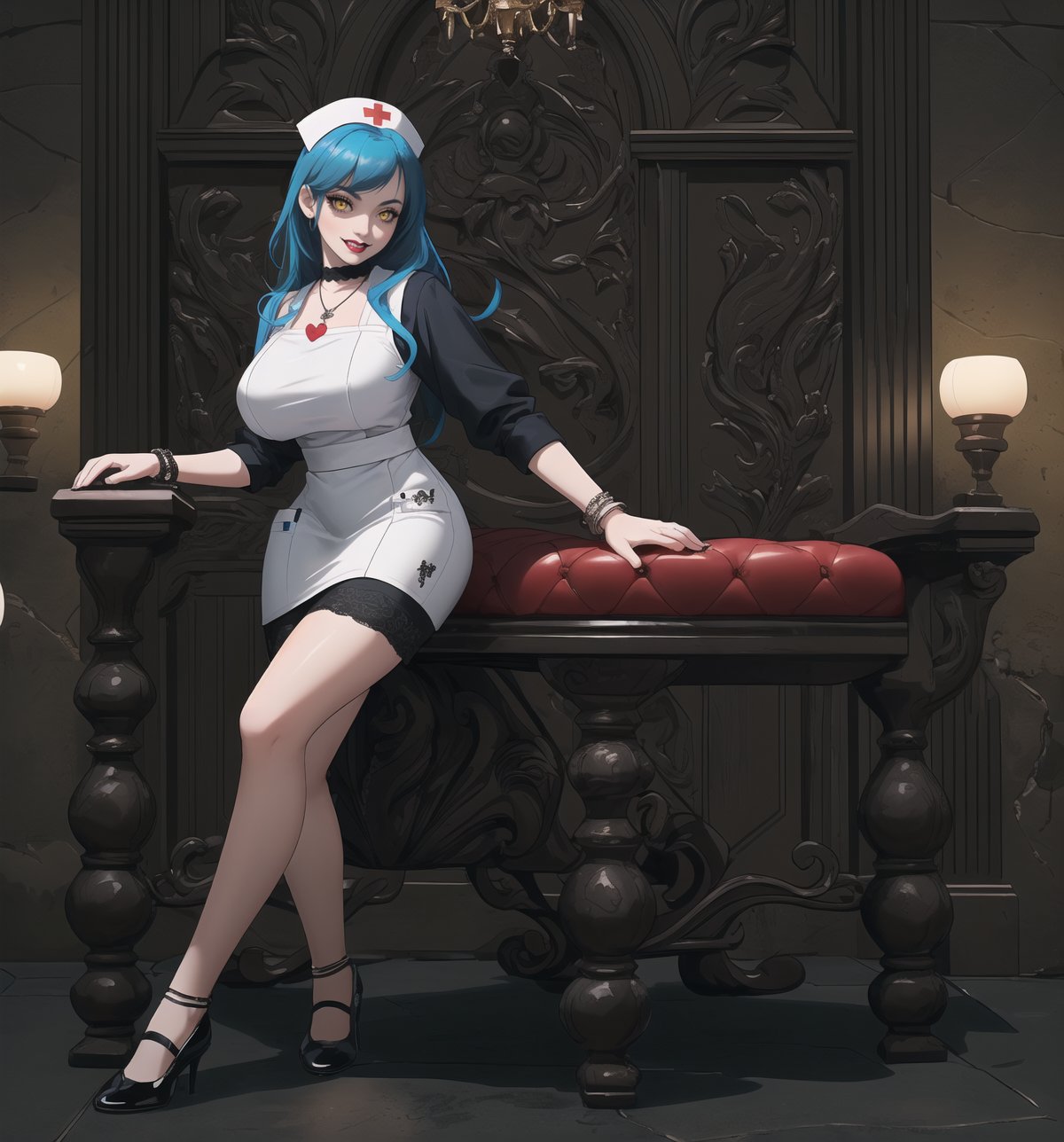 A nurse-gothic masterpiece with realistic details, rendered in ultra-high resolution. | A young woman, with blue hair and yellow eyes, is dressed in a nurse's outfit. The white dress with red details and the white apron with red details highlight her slender and careful figure. She also wears white socks, white low-heeled shoes, and accessories like a red heart pendant and a red leather bracelet, which add a layer of sweetness and affection to her appearance. ((The young woman smiles at the viewer, showing her white teeth and wearing black lipstick)), creating a charming contrast to her goth, nurse appearance. | The scene takes place in a macabre basement, lit by candles scattered throughout the room. The concrete, rock, wooden and metal structures create a spooky and mysterious atmosphere. The young woman stands out amidst this dark backdrop, adding a layer of beauty and fascination to the image. | Soft, moody lighting effects create a gothic mood, while detailed textures on clothing, accessories and set elements add realism to the masterpiece. | An intriguing and compelling scene of a young gothic nurse in a macabre basement, exploring themes of care, mystery, horror and beauty. | (((((The image reveals a full-body shot as she assumes a sensual pose, engagingly leaning against a structure within the scene in an exciting manner. She takes on a sensual pose as she interacts, boldly leaning on a structure, leaning back in an exciting way.))))). | ((full-body shot)), ((perfect pose)), ((perfect fingers, better hands, perfect hands)), ((perfect legs, perfect feet)), ((huge breasts)), ((perfect design)), ((perfect composition)), ((very detailed scene, very detailed background, perfect layout, correct imperfections)), More Detail, Enhance,