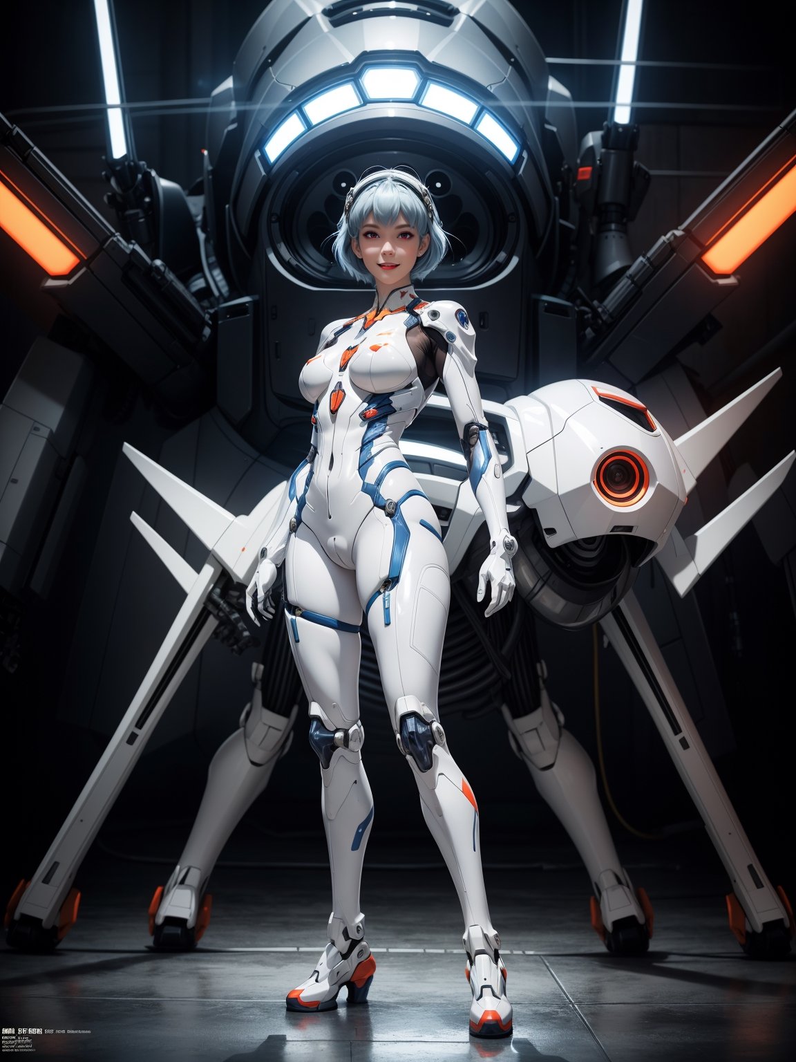 A woman, wearing mecha suit + mechanical suit, white suit with blue parts, gigantic breasts, light blue hair, short hair, straight hair, hair with bangs in front of the eyes, (lock helmet on the head), looking at the viewer, (((pose with interaction and leaning on [something|an object]))), in a giant robot hangar, with many vehicles, machines, gigane robots in the background, is daytime, ((full body):1.5), 16k, UHD, best possible quality, ultra detailed, best possible resolution, Unreal Engine 5, professional photography, well-detailed fingers, well-detailed hand, perfect_hands, ((rei_ayanami)) + ((neon_genesis_evangelion))