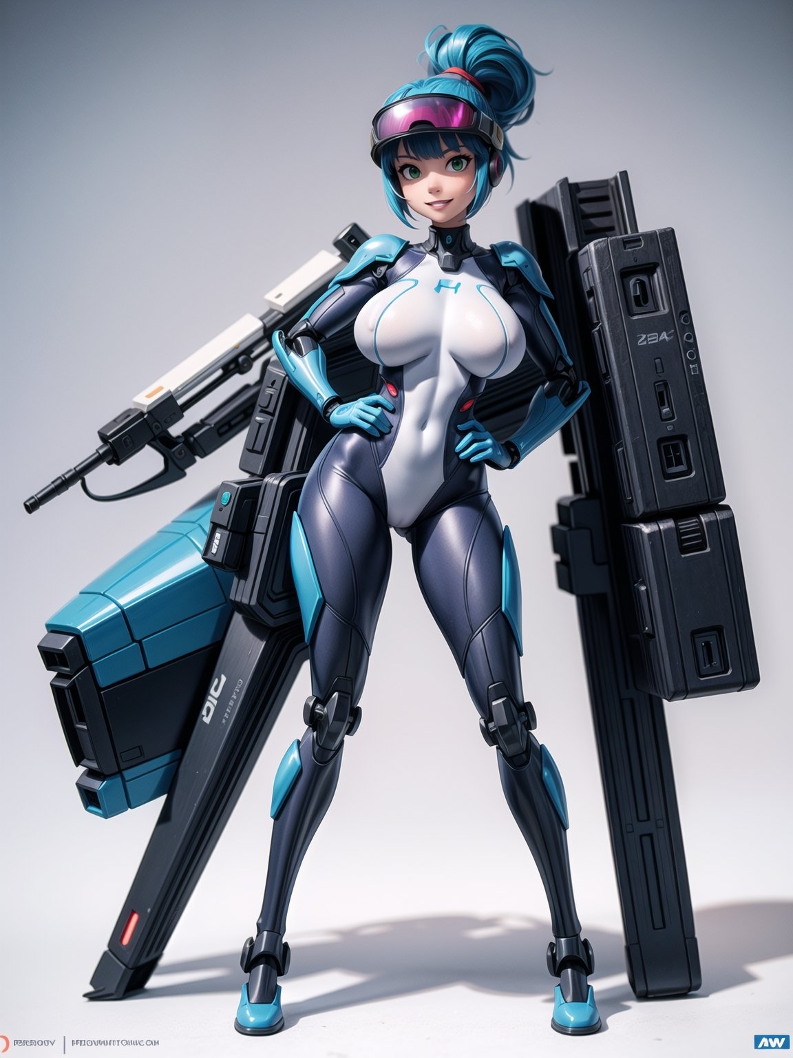 A woman, wearing mecha suit+cybernetic armor+futuristic costume, white suit with blue parts, cybernetic helmet with colored visor, gigantic breasts, bright blue hair, extremely short hair, hair with bangs in front of the eyes, hair with ponytail, looking at the viewer, sensual pose+Interacting+leaning on anything+object+leaning against on a ship with many machines, robots, structures, ((full body):1.5), 16K, UHD, unreal engine 5, quality max, max resolution, ultra-realistic, ultra-detailed, maximum sharpness, ((perfect_hands):1), Goodhands-beta2, ((mecha suit+cybernetic armor+futuristic costume, white suit with blue parts, cybernetic helmet with colored visor, gigantic breasts, super metroid, mecha, final fantasy)), ((looking at the viewer, sensual pose+Interacting+leaning on anything+object+leaning against)), 