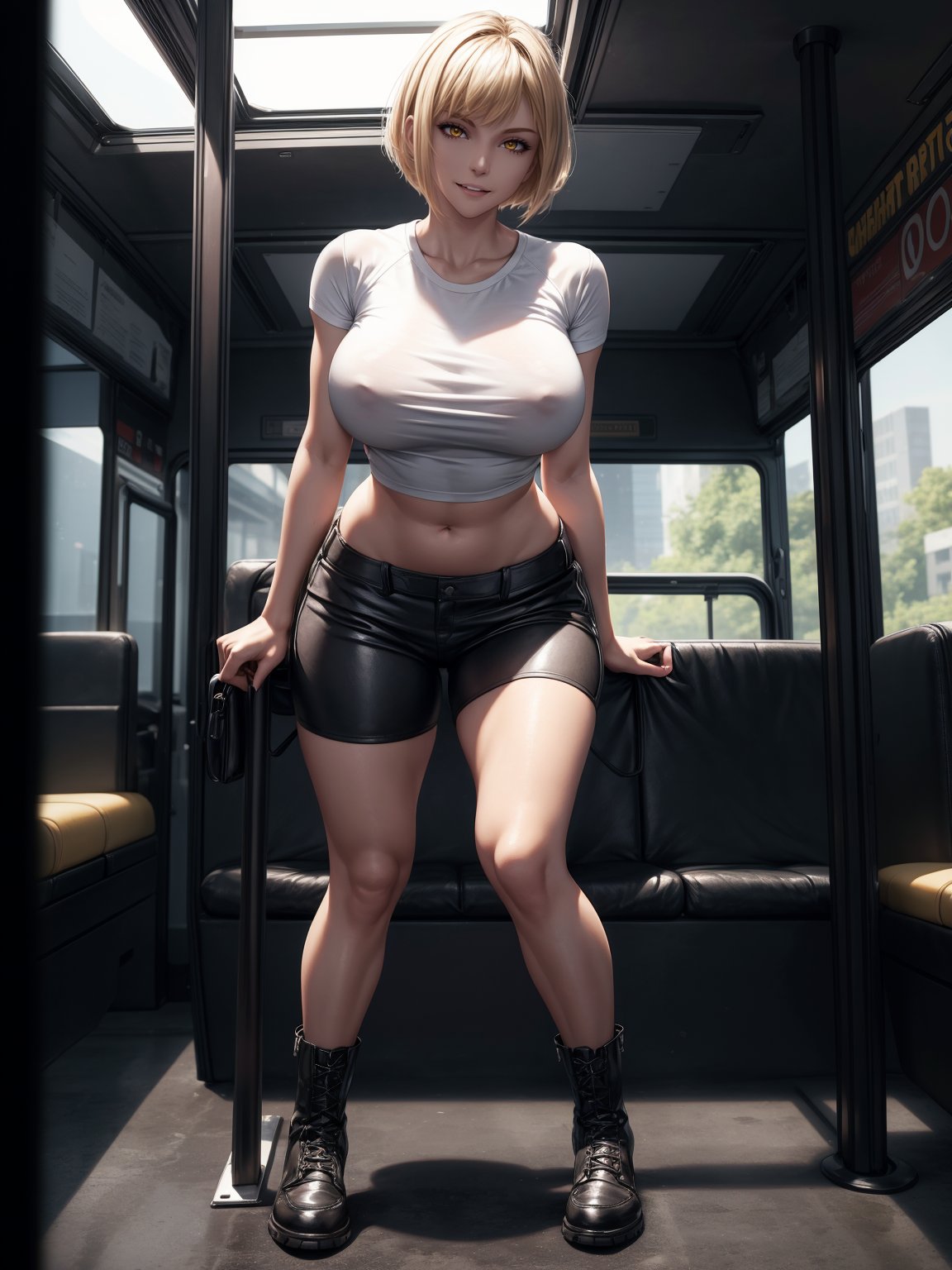 A saleswoman wearing a white T-shirt, dark brown shorts, tight and short clothes on her body, black leather boots, monstrously gigantic breasts, blonde hair, very short hair, bangs in front of her eyes, looking at the viewer, (((erotic pose interacting and leaning on something in the scenario))), on a bus crowded with people of different ethnicities,  windows, is daytime, ((full body):1.5). 16k, UHD, best possible quality, ((best possible detail):1), best possible resolution, Unreal Engine 5, professional photography