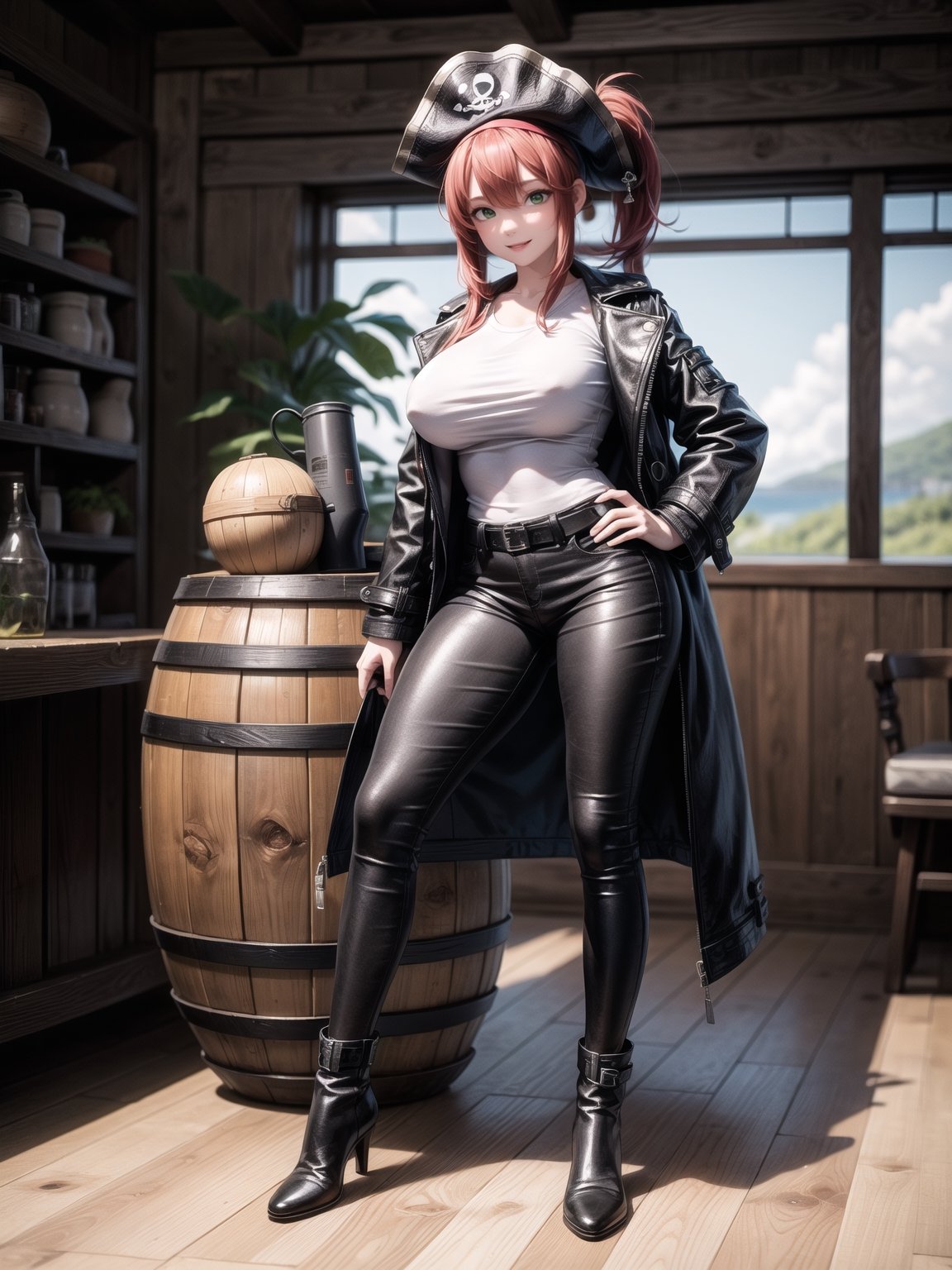 A woman, wearing black leather coat, white T-shirt, long brown leather pants, black leather boots, hat, gigantic breasts, bright red hair, extremely short hair, hair with bangs in front of the eyes, hair with ponytail, looking at the viewer, sensual pose+Interacting+leaning on anything+object+leaning against on a pirate ship with many wooden structures,  barrels, treasure chests, pirates of different ethnicities, ((full body):1.5), 16K, UHD, unreal engine 5, quality max, max resolution, ultra-realistic, ultra-detailed, maximum sharpness, ((perfect_hands):1), Goodhands-beta2, ((pirate of the caribbean, wearing black leather coat, white t-shirt, long brown leather pants, black leather boots, hat, gigantic breasts)), ((sensual pose+Interacting+leaning on anything+object+leaning against))