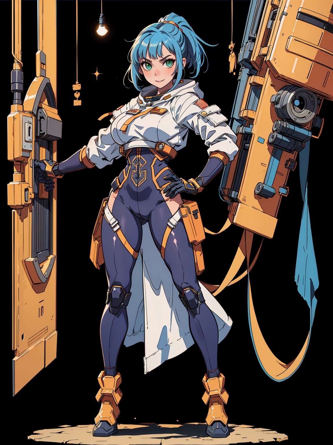 A woman, wearing black lock costume + gold armor + lights attached, very tight costume, (gigantic breasts), blue hair, very short hair, straight hair, hair with ponytail, hair with bangs in front of the eyes, (hood on the head), looking at the viewer, ((([pose with interaction and leaning on something|pose with interaction and leaning on a structure|pose with interaction and leaning on some object]))), in a spaceship, with computer machines, window, ((full body):1.5), 16k, UHD, best possible quality, ultra detailed, best possible resolution, Unreal Engine 5, professional photography, well-detailed fingers, well-detailed hand, perfect_hands, perfect, ((astronaut+mecha))