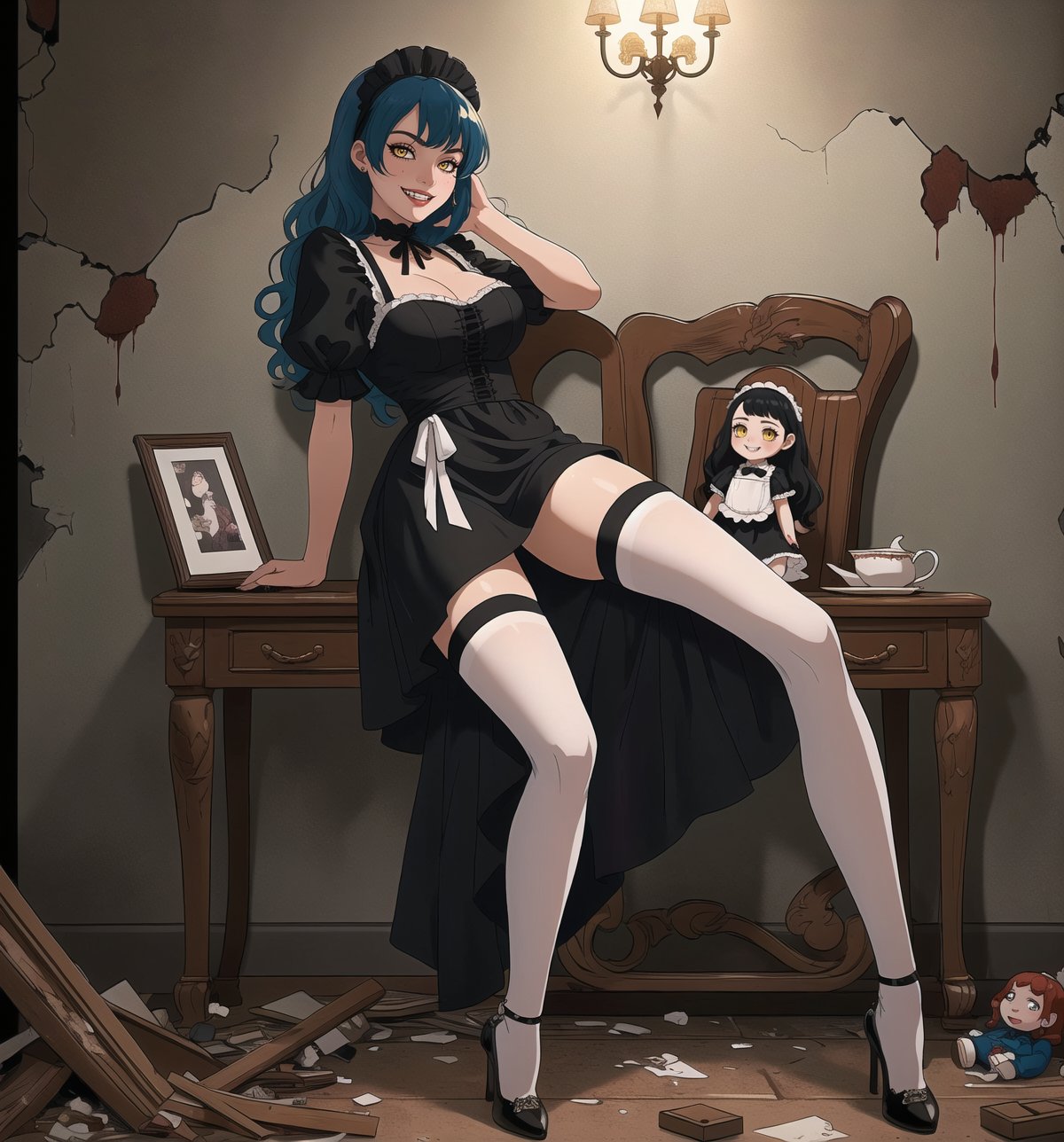 An ultra-detailed 4K masterpiece with Surrealist, Horror and Gothic styles. | A 28-year-old woman, dressed in a maid outfit, is in the middle of a destroyed and macabre apartment. She wears a black dress with a white apron, black stockings, and low-heeled shoes. Her blue hair is long and wavy, falling over her shoulders. Her yellow eyes are looking straight at the viewer, with a ((mischievous smile that shows her sharp, white teeth)). Around her, the apartment is in ruins, with broken furniture, cracked walls, and macabre details like broken porcelain dolls, hairy old toy women, and bloodstains on the walls. | Medium shot composition, dark lighting. | Woman employed in the destroyed and macabre apartment with broken furniture, cracked walls, and macabre details such as broken porcelain dolls, hairy old toy women and blood stains on the walls. | (((((The image reveals a full-body shot as she assumes a sensual pose, engagingly leaning against a structure within the scene in an exciting manner. She takes on a sensual pose as she interacts, boldly leaning on a structure, leaning back in an exciting way.))))). | ((full-body shot)), ((perfect pose)), ((perfect fingers, better hands, perfect hands)), ((perfect legs, perfect feet)), ((Big, huge breasts)), ((perfect design)), ((perfect composition)), ((very detailed scene, very detailed background, perfect layout, correct imperfections)), More Detail, Enhance