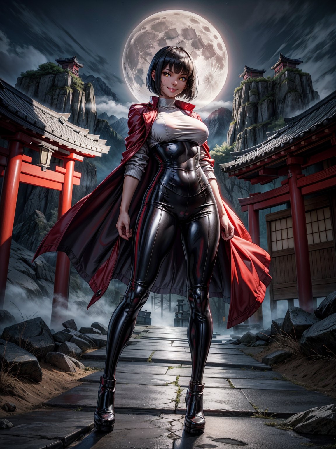Just a student woman, wearing a red silk coat, white T-shirt, short black pants, extremely tight and tight clothing on the body, gigantic breasts, black hair, very short hair, straight hair, hair with bangs in front of the eyes, (((staring at the viewer, erotic pose interacting and leaning on something in))), an ancient Japanese village, with vehicles,  big pillars, big structures, ghosts, fog, night mountain background with full moon at top left, ((full body):1.5), 16k, UHD, best possible quality, ((ultra detailed):1.2), best possible resolution, Unreal Engine 5, professional photography, perfect_hands