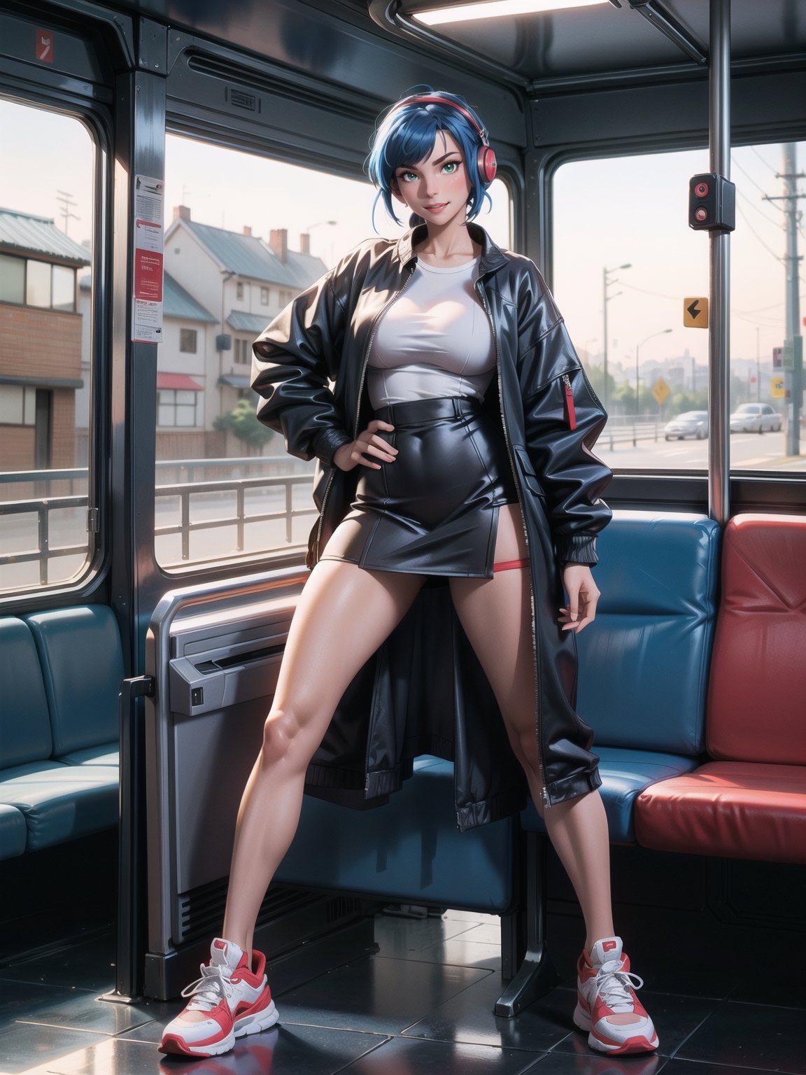 a woman, wearing white T-shirt, black coat, red short skirt, sneakers, very tight and moderna outfit, ((gigantic breasts)), blue hair, braided hair, very short hair, wearing ((headphones)), is looking at the viewer, (((sensual pose with interaction and leaning on anything+object+leaning))), she is on a bus with seats, security bars, many people on the bus with different ethnicities, it is day, ((full body):1.5), 16K, UHD, maximum quality, maximum resolution, ultra realistic, ultra detailed, ((perfect_hands, perfect_fingers)), Furtastic_Detailer,Goodhands-beta2,