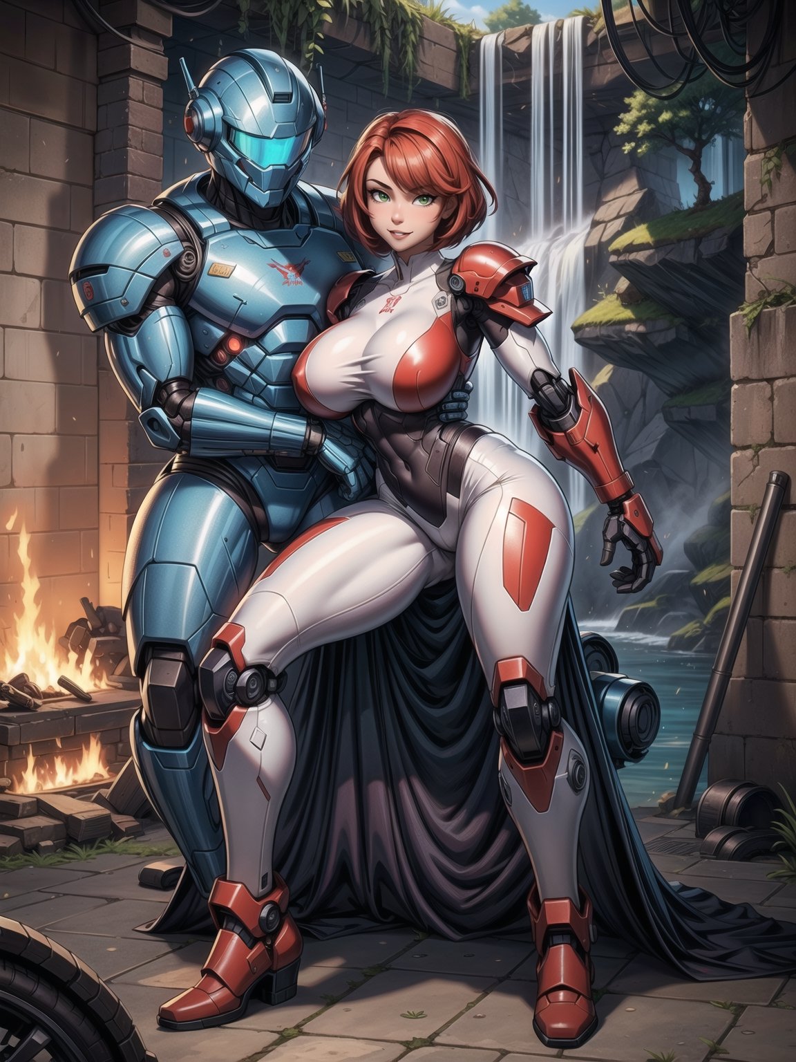 A woman, wearing mecha suit+cybernetic armor+futuristic suit, white suit with red parts, cybernetic helmet with colored visor, gigantic breasts, bright red hair, extremely short hair, hair with bangs in front of the eyes, (((looking at the viewer, sensual pose+Interacting+leaning on anything+object+leaning against))) in a dungeon with waterfall with many machines,  robots, structures, vehicles, ((full body)), 16K, UHD, unreal engine 5, quality max, max resolution, ultra-realistic, ultra-detailed, maximum sharpness, ((perfect_hands)), Goodhands-beta2, super metroid, mecha, final fantasy, 