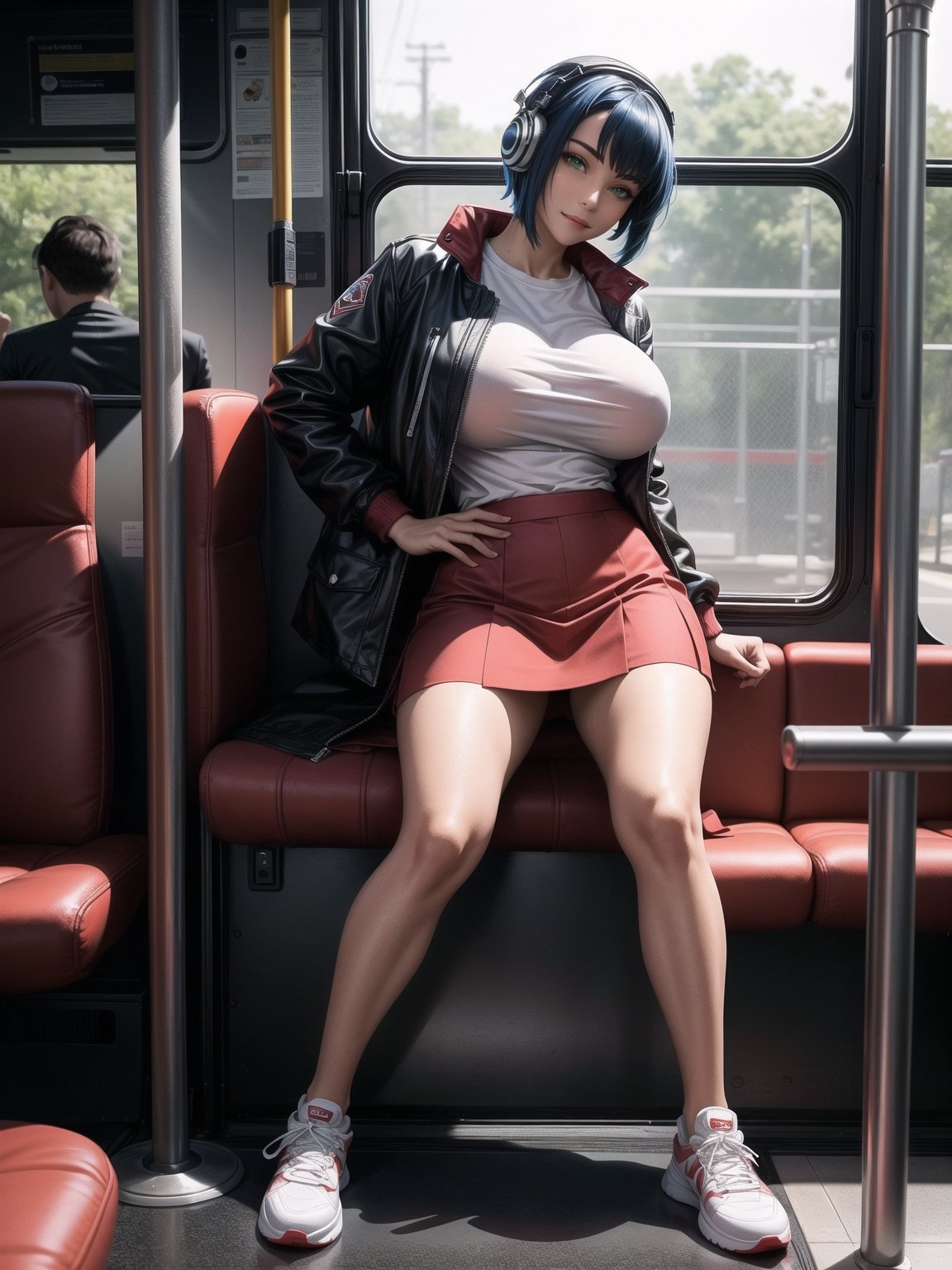 a woman, wearing white T-shirt, black coat, red short skirt, sneakers, very tight and moderna outfit, ((gigantic breasts)), blue hair, braided hair, very short hair, wearing ((headphones)), is looking at the viewer, (((sensual pose with interaction and leaning on anything+object+leaning))), she is on a bus with seats, security bars, many people on the bus with different ethnicities, it is day, ((full body):1.5), 16K, UHD, maximum quality, maximum resolution, ultra realistic, ultra detailed, ((perfect_hands, perfect_fingers)), Furtastic_Detailer,Goodhands-beta2,