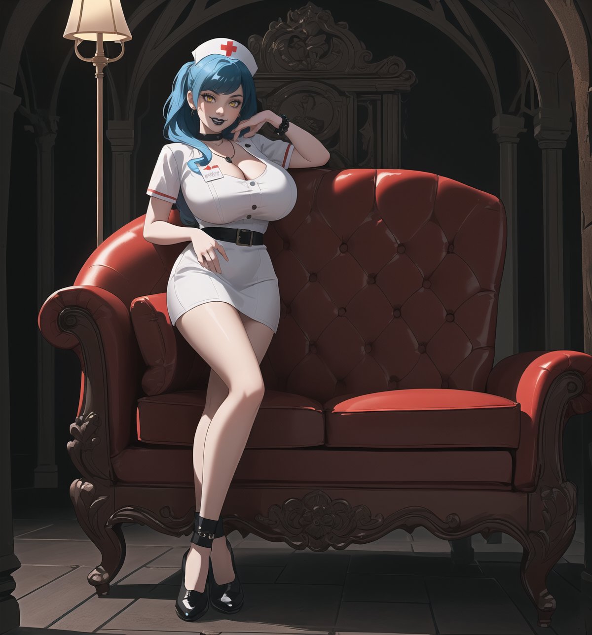 A nurse-gothic masterpiece with realistic details, rendered in ultra-high resolution. | A young woman, with blue hair and yellow eyes, is dressed in a nurse's outfit. The white dress with red details and the white apron with red details highlight her slender and careful figure. She also wears white socks, white low-heeled shoes, and accessories like a red heart pendant and a red leather bracelet, which add a layer of sweetness and affection to her appearance. ((The young woman smiles at the viewer, showing her white teeth and wearing black lipstick)), creating a charming contrast to her goth, nurse appearance. | The scene takes place in a macabre basement, lit by candles scattered throughout the room. The concrete, rock, wooden and metal structures create a spooky and mysterious atmosphere. The young woman stands out amidst this dark backdrop, adding a layer of beauty and fascination to the image. | Soft, moody lighting effects create a gothic mood, while detailed textures on clothing, accessories and set elements add realism to the masterpiece. | An intriguing and compelling scene of a young gothic nurse in a macabre basement, exploring themes of care, mystery, horror and beauty. | (((((The image reveals a full-body shot as she assumes a sensual pose, engagingly leaning against a structure within the scene in an exciting manner. She takes on a sensual pose as she interacts, boldly leaning on a structure, leaning back in an exciting way.))))). | ((full-body shot)), ((perfect pose)), ((perfect fingers, better hands, perfect hands)), ((perfect legs, perfect feet)), ((huge breasts)), ((perfect design)), ((perfect composition)), ((very detailed scene, very detailed background, perfect layout, correct imperfections)), More Detail, Enhance,