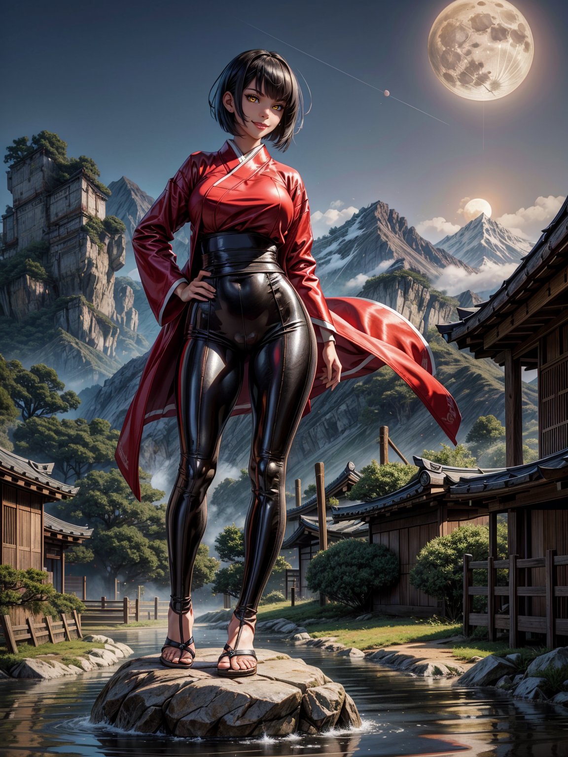 Just a student woman, wearing a red silk coat, white T-shirt, short black pants, extremely tight and tight clothing on the body, gigantic breasts, black hair, very short hair, straight hair, hair with bangs in front of the eyes, (((staring at the spectator, erotic pose interacting and leaning on something))), on [large altars|large structures], with ghosts, fog, ancient japanese village background, with mountains at night with full moon at top left, ((full body):1.5), 16k, UHD, best possible quality, ((ultra detailed):1.2), best possible resolution, Unreal Engine 5, professional photography, perfect_hands