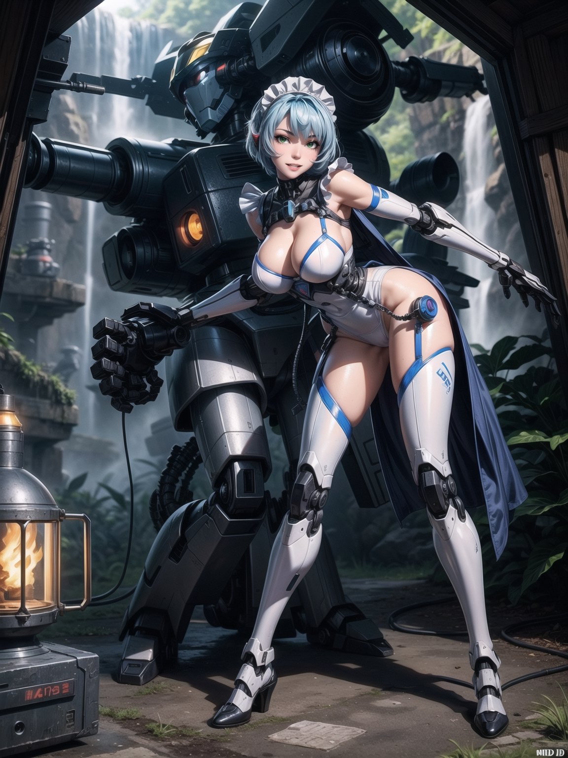 A woman, wearing a mecha outfit+cybernetic armor coat+futuristic costume, a white costume with blue parts, cybernetic helmet with colored visor, gigantic breasts, light blue hair, extremely short hair, hair with bangs in front of her eyes, ((looking at the viewer)), (((sensual pose+Interacting+leaning on anything+object+leaning against))), in a forest with waterfall, with large structures, altars with Ancient Writings, robots, robotic machines, 16K, UHD, ((full body)), Unreal Engine 5, quality max, max resolution, ultra-realistic, ultra-detailed, maximum sharpness, ((perfect_hands)), ((perfect_legs)), Goodhands-beta2, ((mecha+maid costume))