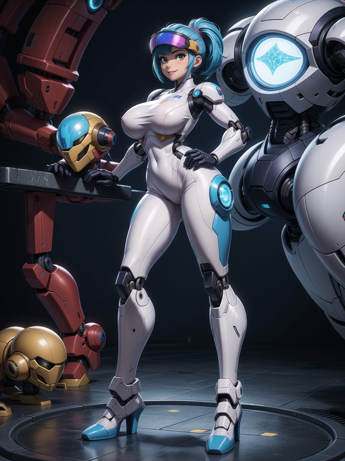 A woman, wearing ((mecha suit+cybernetic armor+futuristic costume, white suit with blue parts, cybernetic helmet with colored visor, gigantic breasts)), bright blue hair, extremely short hair, hair with bangs in front of the eyes, hair with ponytail, looking at the viewer, sensual pose+Interacting+leaning on anything+object+leaning against on a ship with many machines,  robots, structures, ((full body):1.5), 16K, UHD, unreal engine 5, quality max, max resolution, ultra-realistic, ultra-detailed, maximum sharpness, ((perfect_hands):1), Goodhands-beta2, ((super metroid, mecha, final fantasy)), ((looking at the viewer, sensual pose+Interacting+leaning on anything+object+leaning against)), 