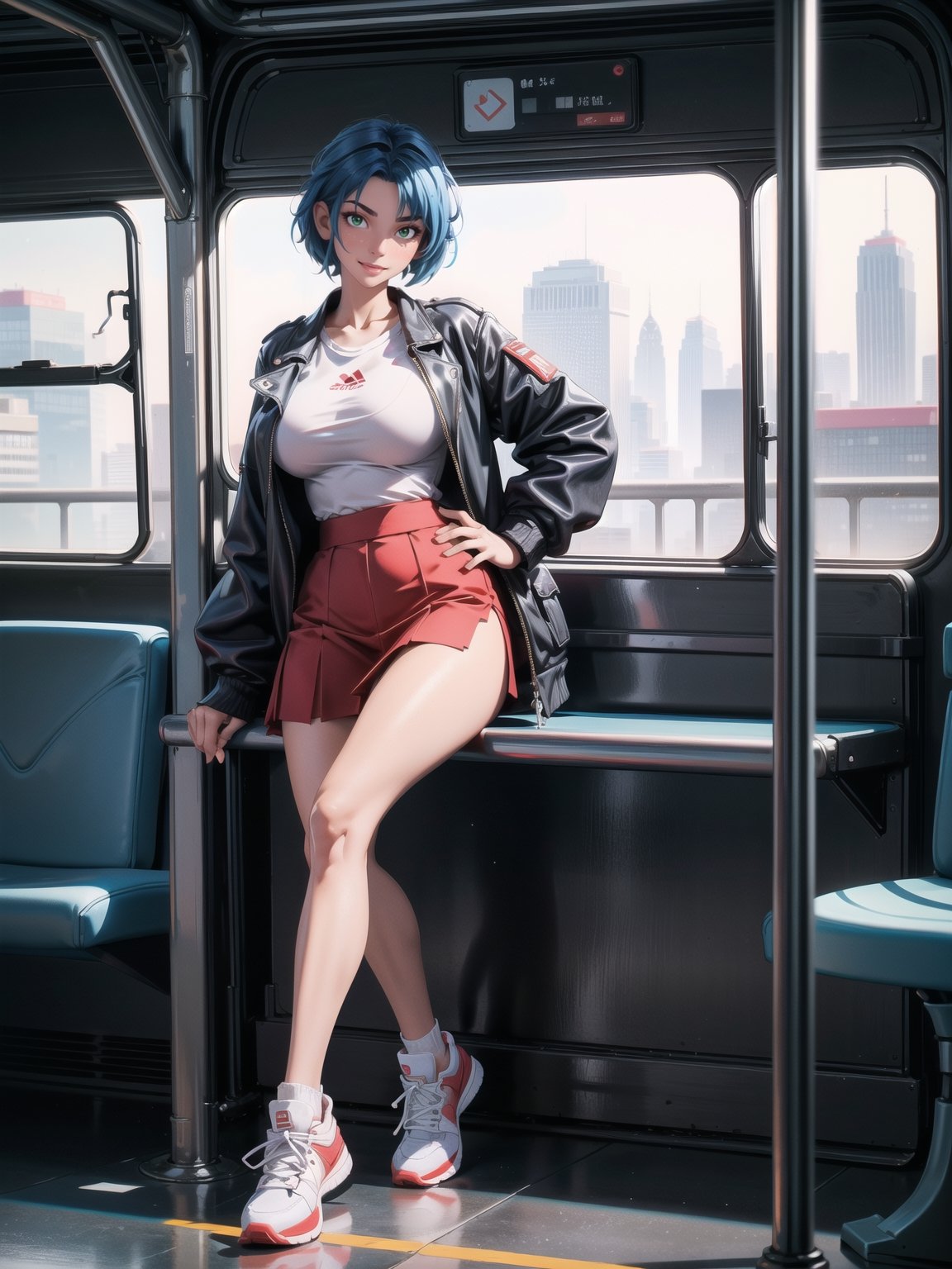 a woman, wearing white T-shirt, black coat, red short skirt, sneakers, very tight and moderna outfit, ((gigantic breasts)), blue hair, braided hair, very short hair, wearing ((headphones)), is looking at the viewer, (((sensual pose with interaction and leaning on anything+object+leaning))), she is on a bus with seats, security bars, many people on the bus with different ethnicities, it is day, ((full body):1.5), 16K, UHD, maximum quality, maximum resolution, ultra realistic, ultra detailed, ((perfect_hands, perfect_fingers)), Furtastic_Detailer,Goodhands-beta2,