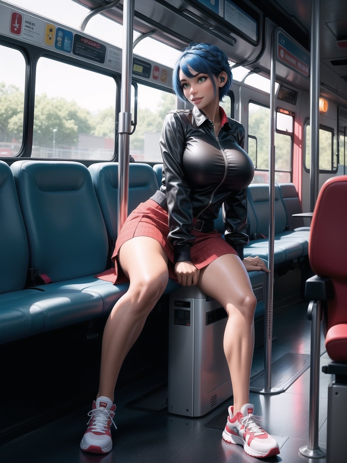 a woman, wearing white T-shirt, black coat, red short skirt, sneakers, very tight and moderna outfit, ((gigantic breasts)), blue hair, braided hair, very short hair, wearing ((headphones)), is looking at the viewer, (((sensual pose with interaction and leaning on anything+object+leaning))), she is on a bus with seats, security bars, many people on the bus with different ethnicities, it is day, ((full body):1.5), 16K, UHD, maximum quality, maximum resolution, ultra realistic, ultra detailed, ((perfect_hands, perfect_fingers)), Furtastic_Detailer,Goodhands-beta2,