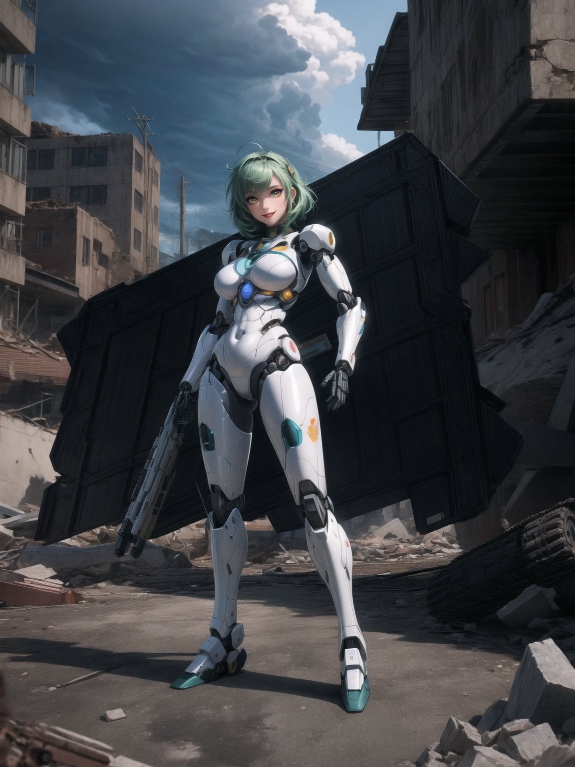 ((A woman, robot)), wearing all white robotic costume, robotic costume with gears in gold, robotic costume with armor, gigantic breasts, mohawk hair, green hair, messy hair, (looking directly at the viewer), she is in a war field with many vehicles with heavy armaments, many rubble, destroyed machines, it's night, heavy rain, thunder, ((Cyborg, mecha, futuristic)), 16K, UHD, best possible quality, ultra detailed, best possible possible resolution, Unreal Engine 5, professional photography, she is, ((dynamic pose with interaction and leaning on anything + object + on something + leaning against)) + perfect_thighs, perfect_legs, perfect_feet, better_hands, ((full body)), More detail,