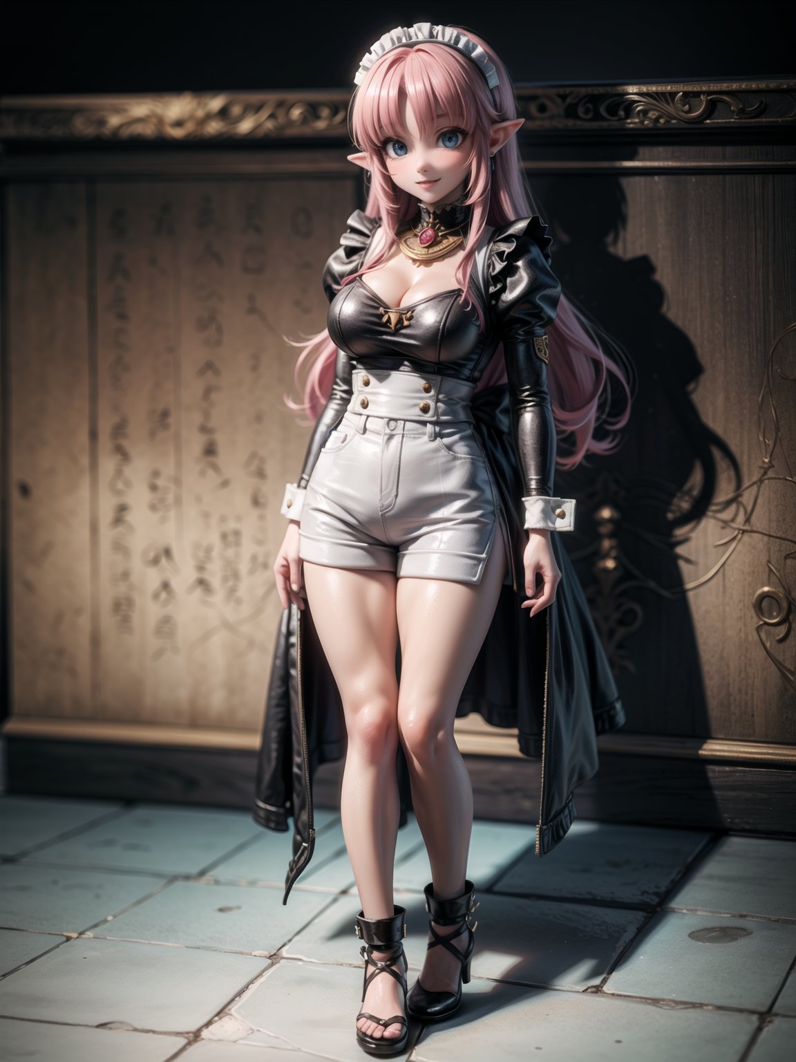 ((Full body, standing):1.5), Only Princess Zelda:wearing extremely tight-fitting black maid outfit, with short white shorts, extremely large breasts, pink hair, blue eyes, doing erotic pose, smiling and looking at the spectator, in an Egyptian tomb full of sarcophagi, with mummies inside. anime, anime, Hyperrealism, Hyperrealism, 16k, ((high quality, high details):1.4), UHD, masterpiece