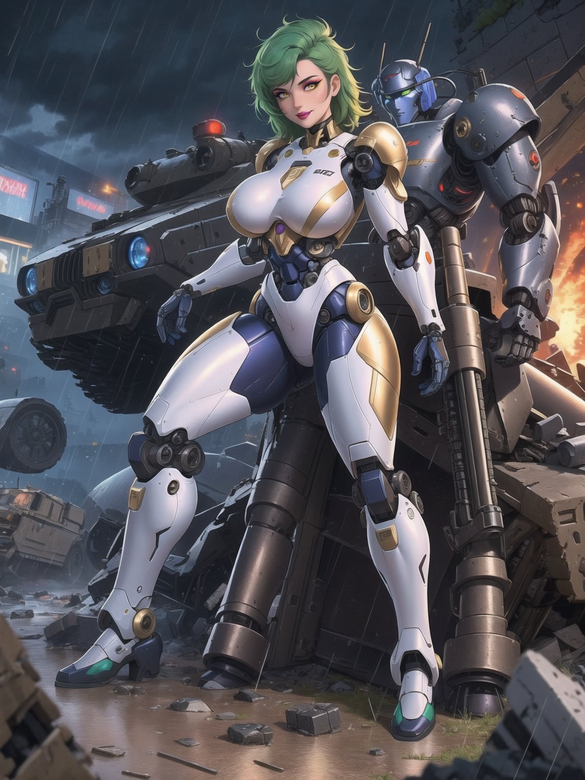 ((A woman, robot)), wearing all white robotic costume, robotic costume with gears in gold, robotic costume with armor, absurdly gigantic breasts, mohawk hair, green hair, messy hair, (looking directly at the viewer), she is in a war field with many vehicles with heavy armaments, many rubble, destroyed machines, it's night, heavy rain, thunder, ((Cyborg, mecha, futuristic)), 16K, UHD, best possible quality, ultra detailed, best possible possible resolution, Unreal Engine 5, professional photography, she is, ((sensual pose with interaction and leaning on anything + object + on something + leaning against)) + perfect_thighs, perfect_legs, perfect_feet, better_hands, ((full body)), More detail,