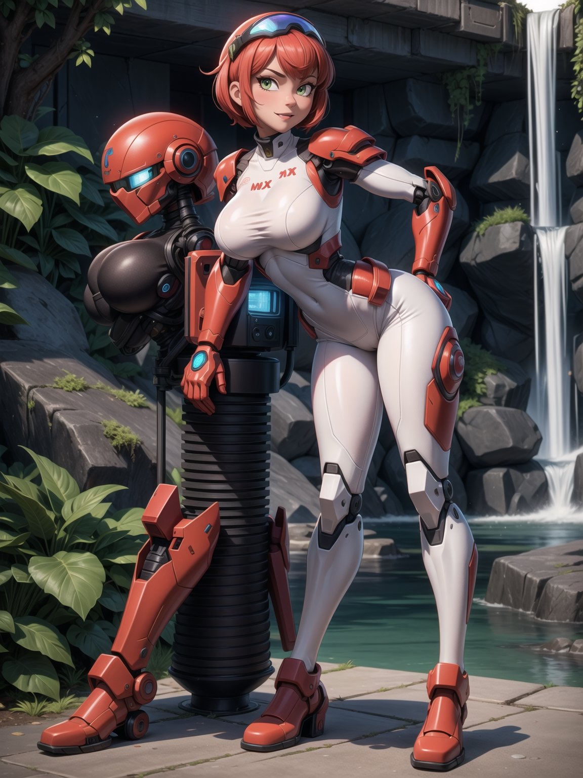 A woman, wearing mecha suit+cybernetic armor+futuristic suit, white suit with red parts, cybernetic helmet with colored visor, gigantic breasts, bright red hair, extremely short hair, hair with bangs in front of the eyes, (((looking at the viewer, sensual pose+Interacting+leaning on anything+object+leaning against))) in a dungeon with waterfall with many machines,  robots, structures, vehicles, ((full body)), 16K, UHD, unreal engine 5, quality max, max resolution, ultra-realistic, ultra-detailed, maximum sharpness, ((perfect_hands, perfect_legs)), Goodhands-beta2, super metroid, mecha, final fantasy, 