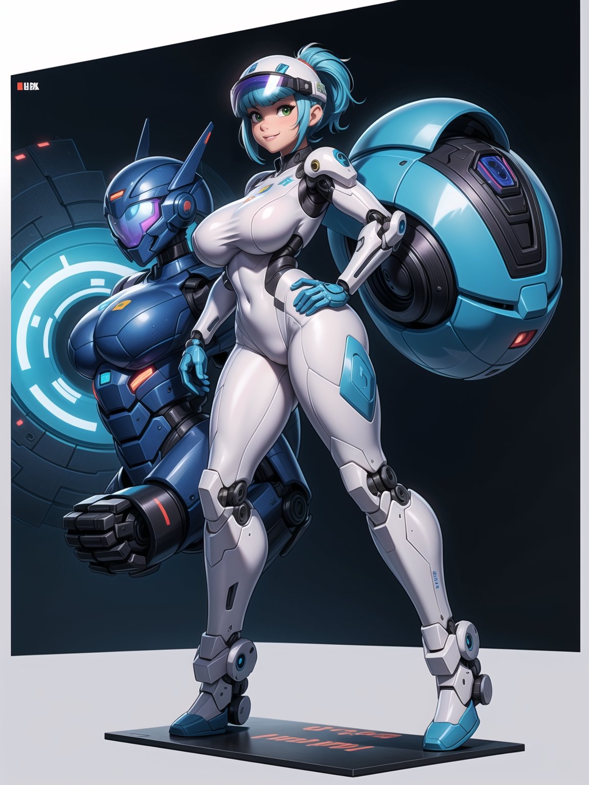 A woman, wearing ((mecha suit+cybernetic armor+futuristic costume, white suit with blue parts, cybernetic helmet with colored visor, gigantic breasts)), bright blue hair, extremely short hair, hair with bangs in front of the eyes, hair with ponytail, looking at the viewer, sensual pose+Interacting+leaning on anything+object+leaning against on a ship with many machines,  robots, structures, ((full body):1.5), 16K, UHD, unreal engine 5, quality max, max resolution, ultra-realistic, ultra-detailed, maximum sharpness, ((perfect_hands):1), ((looking at the viewer, sensual pose+Interacting+leaning on anything+object+leaning against)), Goodhands-beta2, super metroid, mecha, final fantasy