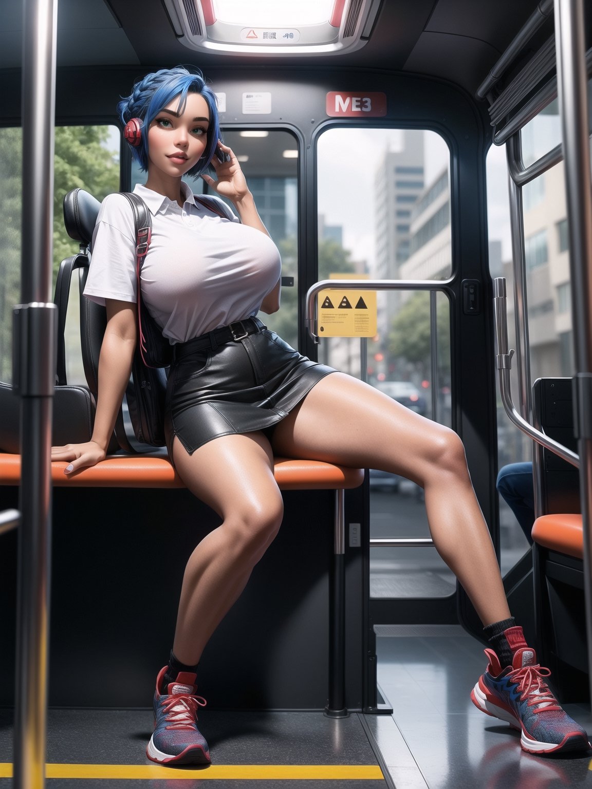 a woman, wearing white T-shirt, black coat, red short skirt, sneakers, very tight and moderna outfit, ((gigantic breasts)), blue hair, braided hair, very short hair, wearing ((headphones)), is looking at the viewer, (((sensual pose with interaction and leaning on anything+object+leaning))), she is on a bus with seats, security bars, many people on the bus with different ethnicities, it is day, ((full body):1.5), 16K, UHD, maximum quality, maximum resolution, ultra realistic, ultra detailed, ((perfect_hands, perfect_fingers)), Furtastic_Detailer,Goodhands-beta2,