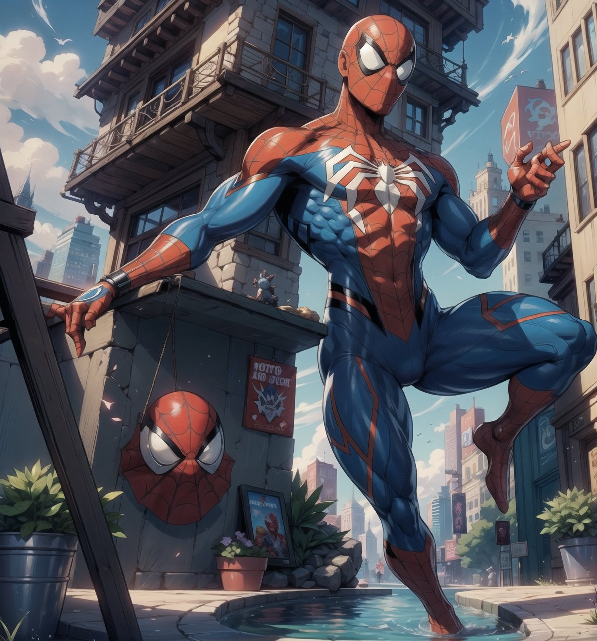 Creatively combined cartoon and anime style image, rendered in ultra-high resolution with realistic details. | Spider-Man in the Metaverse, an immersive and immersive virtual world. | Spider-Man wears his classic red and blue costume, with black and white details. He is in a dynamic pose, swinging between the virtual buildings with skill and dexterity. His eyes are fixed on some distant point, conveying determination and focus. His body is athletic and muscular, but is still agile and flexible. | The scene takes place in a virtual city, with tall, modern buildings, giant screens and holograms everywhere. The sky is dark blue, with purple and green clouds, suggesting that the location is not the real world. Among the virtual elements, advanced technology and colorful lighting stand out. Natural elements are scarce, but still present, such as the water in virtual rivers and holographic plants. | Wide shot angled composition, emphasizing the imposing figure of Spider-Man and the architectural elements of the virtual city. Virtual structures, buildings, screens and holograms create a futuristic and technological environment. The rays of light that reflect off the buildings illuminate the scene, creating dramatic shadows and highlighting the details of the scene. | Vibrant, colorful lighting effects create an immersive, surreal atmosphere, while detailed textures on clothing and skin add realism to the image. | Spider-Man in the Metaverse, an immersive and immersive virtual world. He is looking for adventures and challenges, using his spider-like abilities to move around virtual buildings. He is determined to protect the metaverse from virtual and real threats, using his intelligence and strength to overcome obstacles. | ((perfect anatomy, perfect body)), ((more_than_one_pose, perfect_pose)), ((perfect fingers, better hands, perfect hands, perfect legs, perfect feet)), ((perfect design)), ((correct errors): 1.2), ((perfect composition)), ((very detailed scene, very detailed background, correct imperfections, perfect layout):1.2), ((More Detail, Enhance))