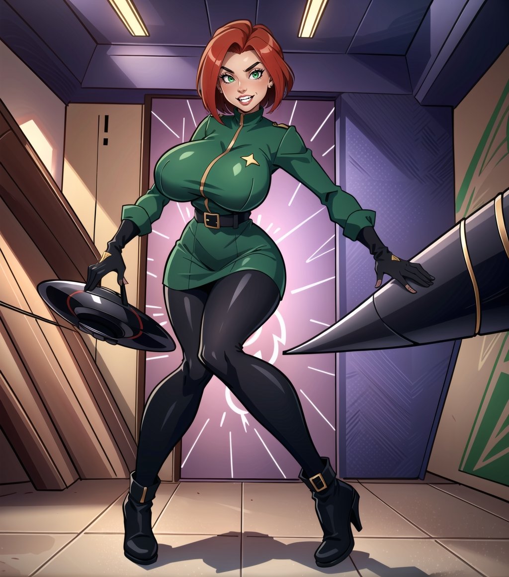 ((Masterpiece in maximum 16K resolution, style inspired by the Totally Spies series, with sharp details and vibrant colors.)) | Sam, a 22-year-old spy with huge breasts, is inside a high-tech aircraft, surrounded by machines, pipes, computers and metal structures. She wears a green spy uniform, which consists of a long-sleeved blouse with black details, a short skirt with black details, high-heeled black boots and black gloves. Her ((short, straight red hair partially covers her forehead)), while her ((light green eyes look straight at the viewer in a serious way)), giving a ((beautiful smile showing her teeth)). Her black belt has a variety of devices and gadgets hidden in it, emphasizing her spy-like appearance. The scene is composed in medium shot, emphasizing Sam's beauty and confident attitude. The angle is slightly tilted, to add a touch of drama. The lighting is bright and colorful, with green and black tones predominating, creating a futuristic and technological atmosphere. The effect of shadows and lights reveals texture and depth in the scene, in a cartoon style. | A spy with huge breasts in a high-tech aircraft, wearing a green uniform and a seductive smile. | {The camera is positioned very close to her, revealing her entire body as she assumes a dynamic pose, interacting with and leaning against a structure in the scene in an exciting way.} | (((She takes a dynamic pose as she interacts, boldly leaning on a structure, leaning back in an exciting way.))), (((((full-body_image))))), ((perfect_pose, perfect_anatomy, perfect_body)), ((perfect_finger, perfect_fingers, perfect_hand, perfect_hands, better_hands)), ((perfect_composition, perfect_design, perfect_layout, perfect_detail)), ((ultra_detailed, More Detail, Enhance)).