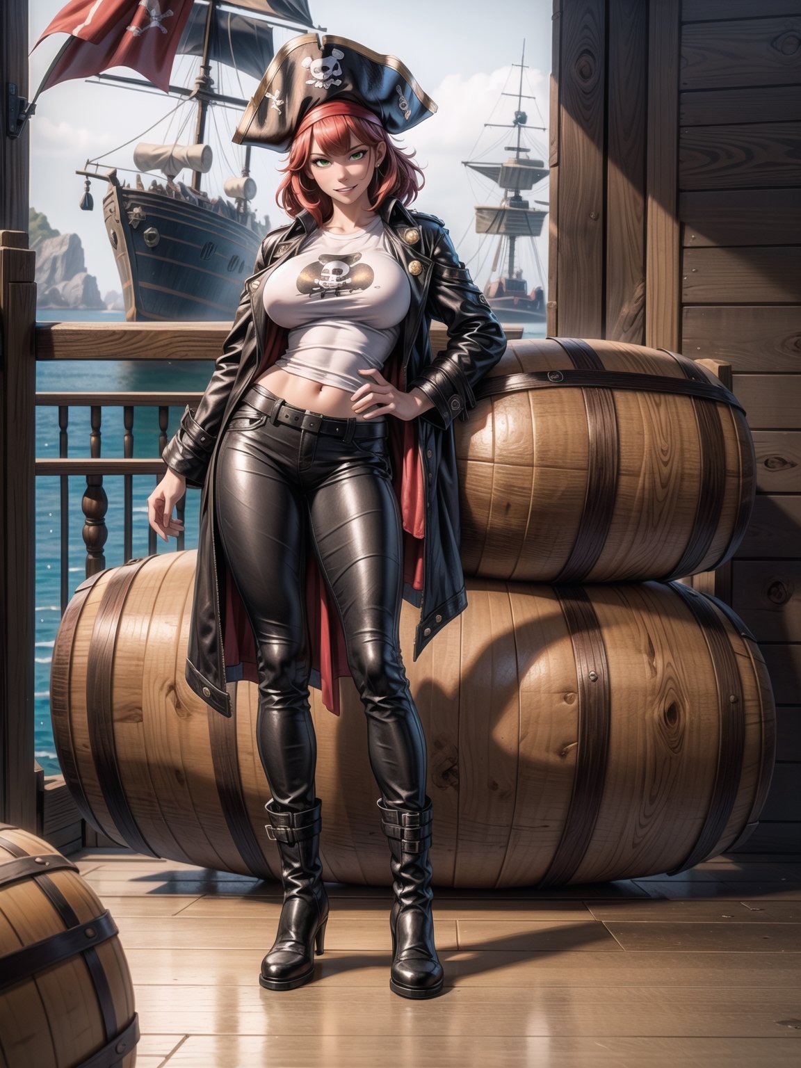 A woman, wearing pirate costume with black leather coat, white T-shirt, long brown leather pants, black leather boots, hat, gigantic breasts, bright red hair, extremely short hair, hair with bangs in front of the eyes, hair with ponytail, looking at the viewer, sensual pose+Interacting+leaning on anything+object+leaning against on a pirate ship with many wooden structures,  barrels, treasure chests, pirates of different ethnicities, ((full body):1.5), 16K, UHD, unreal engine 5, quality max, max resolution, ultra-realistic, ultra-detailed, maximum sharpness, ((perfect_hands):1), Goodhands-beta2, ((wearing pirate costume with black leather coat, white T-shirt, long brown leather pants, black leather boots, hat, gigantic breasts, pirates of the caribbean)), ((sensual pose+Interacting+leaning on anything+object+leaning against))