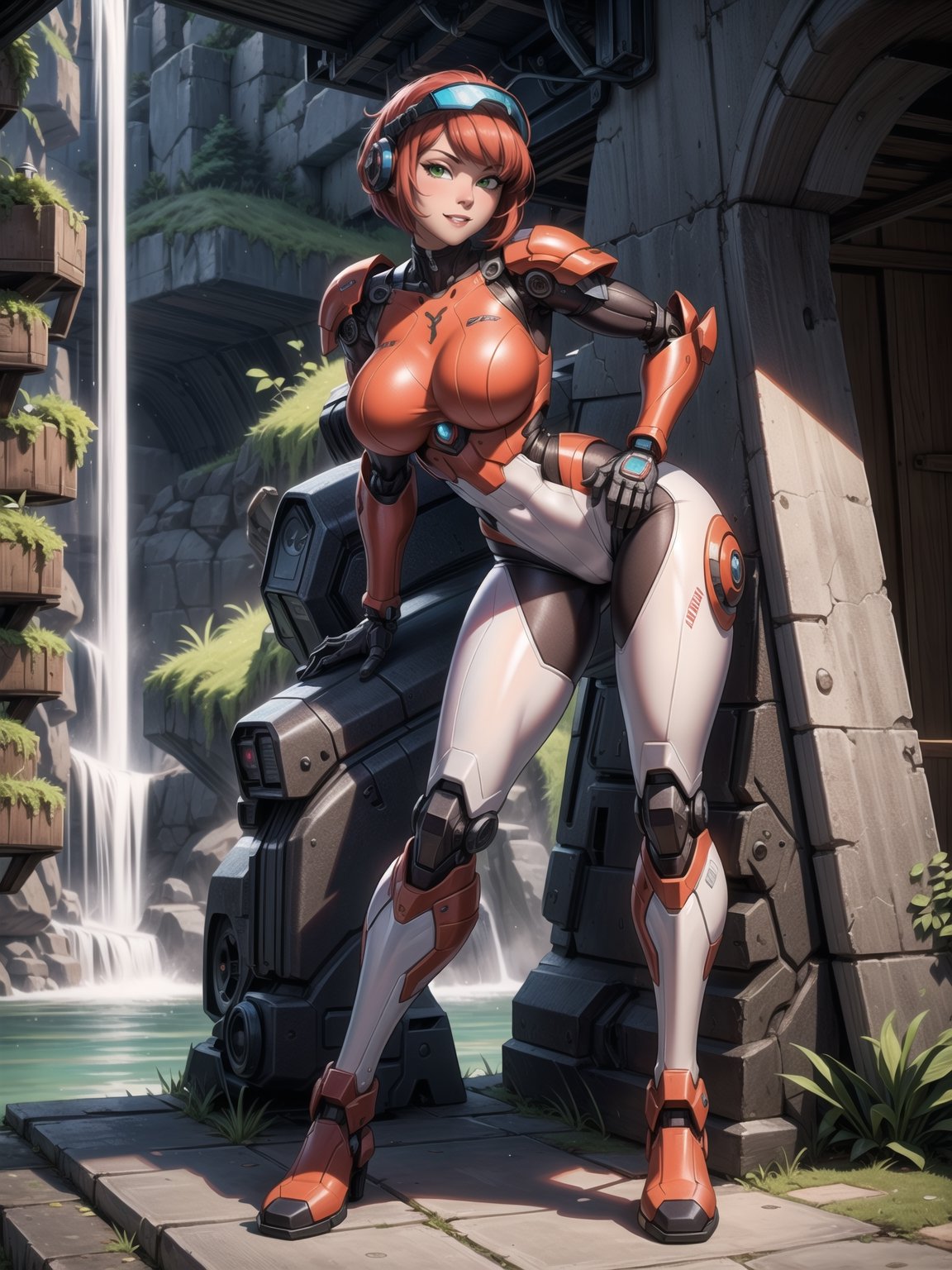 A woman, wearing mecha suit+cybernetic armor+futuristic suit, white suit with red parts, cybernetic helmet with colored visor, gigantic breasts, bright red hair, extremely short hair, hair with bangs in front of the eyes, (((looking at the viewer, sensual pose+Interacting+leaning on anything+object+leaning against))) in a dungeon with waterfall with many machines,  robots, structures, vehicles, ((full body)), 16K, UHD, unreal engine 5, quality max, max resolution, ultra-realistic, ultra-detailed, maximum sharpness, ((perfect_hands, perfect_legs)), Goodhands-beta2, super metroid, mecha, final fantasy, 