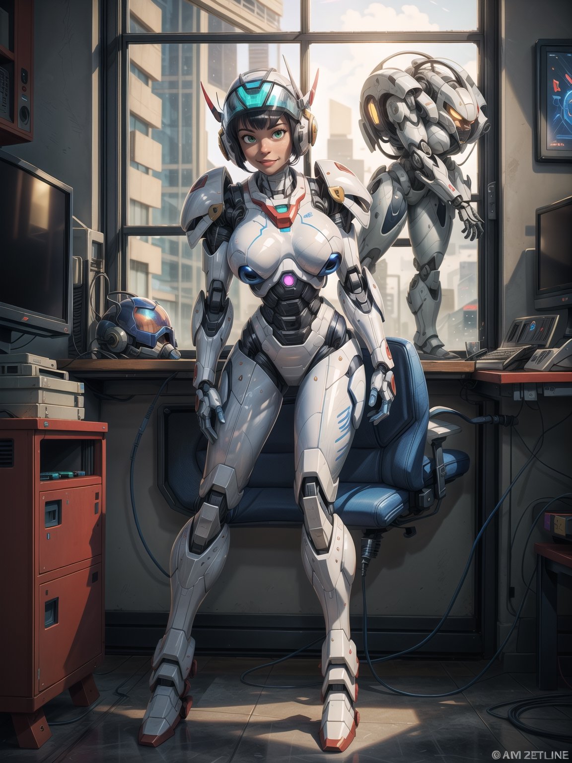 A woman, wearing ((white mecha suit with blue metallic couplings, gigantic breasts, helmet with transparent colored visor)), very short hair, blue hair, messy hair, hair with bangs in front of her eyes, (((looking at the viewer, sensual pose with interaction and leaning on anything+object+on something+leaning against+leaning against))) in a secret laboratory, with many computers, plasma TV, energy fusion machines, window showing an army of aliens, ((full body):1.5); 16K, UHD, unreal engine 5, quality max, max resolution, ultra-realistic, ultra-detailed, maximum sharpness, ((perfect_hands): 1), Goodhands-beta2, [super metroid]+((mecha))+[[Iron Man]]