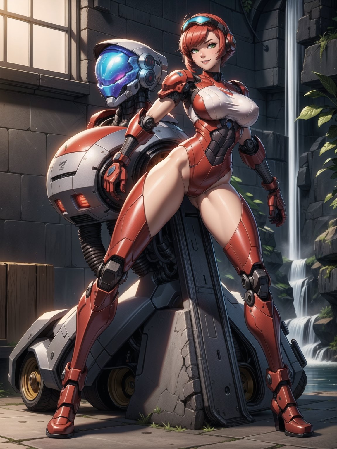 A woman, wearing mecha suit+cybernetic armor+futuristic suit, white suit with red parts, cybernetic helmet with colored visor, gigantic breasts, bright red hair, extremely short hair, hair with bangs in front of the eyes, (((looking at the viewer, sensual pose+Interacting+leaning on anything+object+leaning against))) in a dungeon with waterfall with many machines,  robots, structures, vehicles, ((full body)), 16K, UHD, unreal engine 5, quality max, max resolution, ultra-realistic, ultra-detailed, maximum sharpness, ((perfect_hands, perfect_legs)), Goodhands-beta2, super metroid, mecha, final fantasy, 